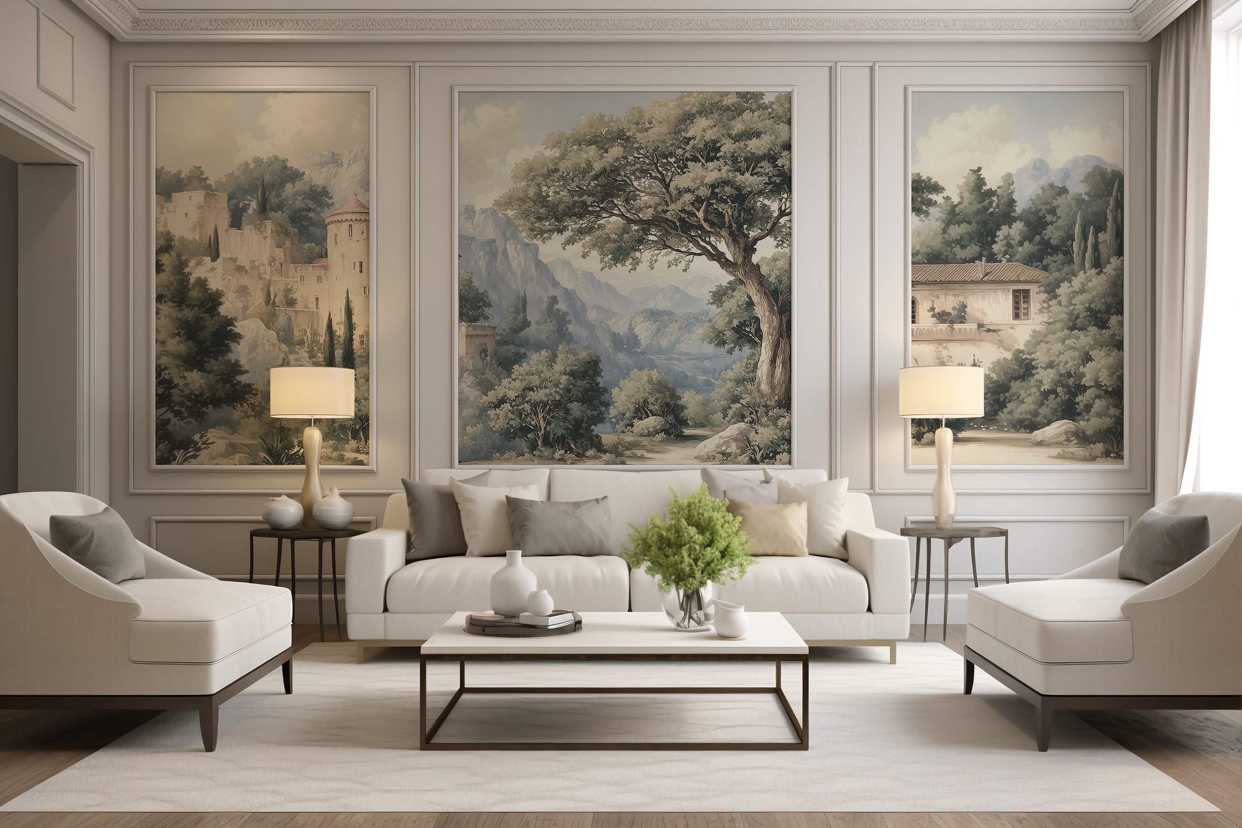 Modern living room with white sofa, armchairs, and landscape wall art.Elegant mural with castle, trees, and blue sky
Decorative wall mural with medieval architecture