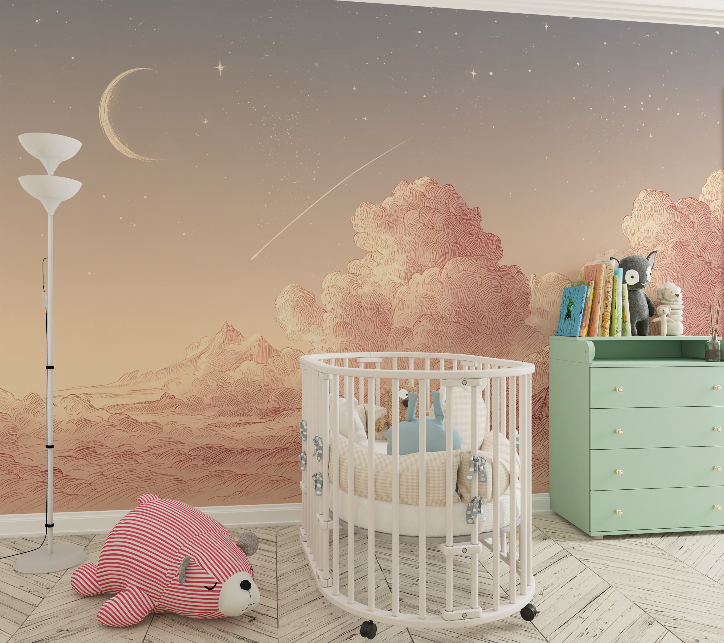 Hand-drawn clouds and stars in soft colors
Crescent moon mural in dreamy pastel tones