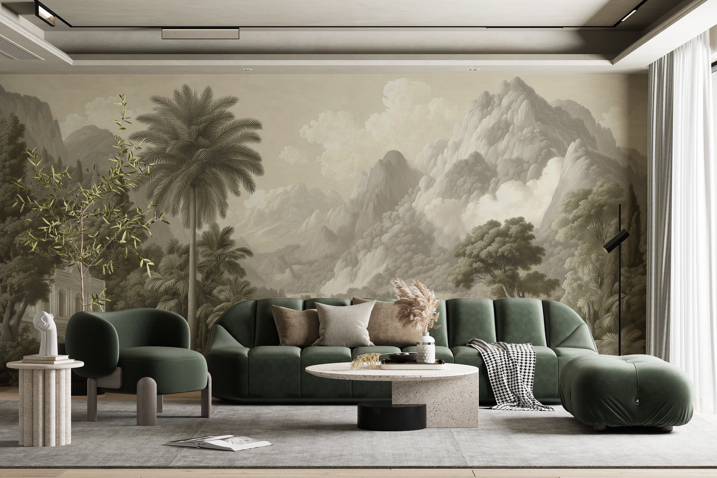 Lush foliage and old structure decor
Grand scenic wallpaper with classical style