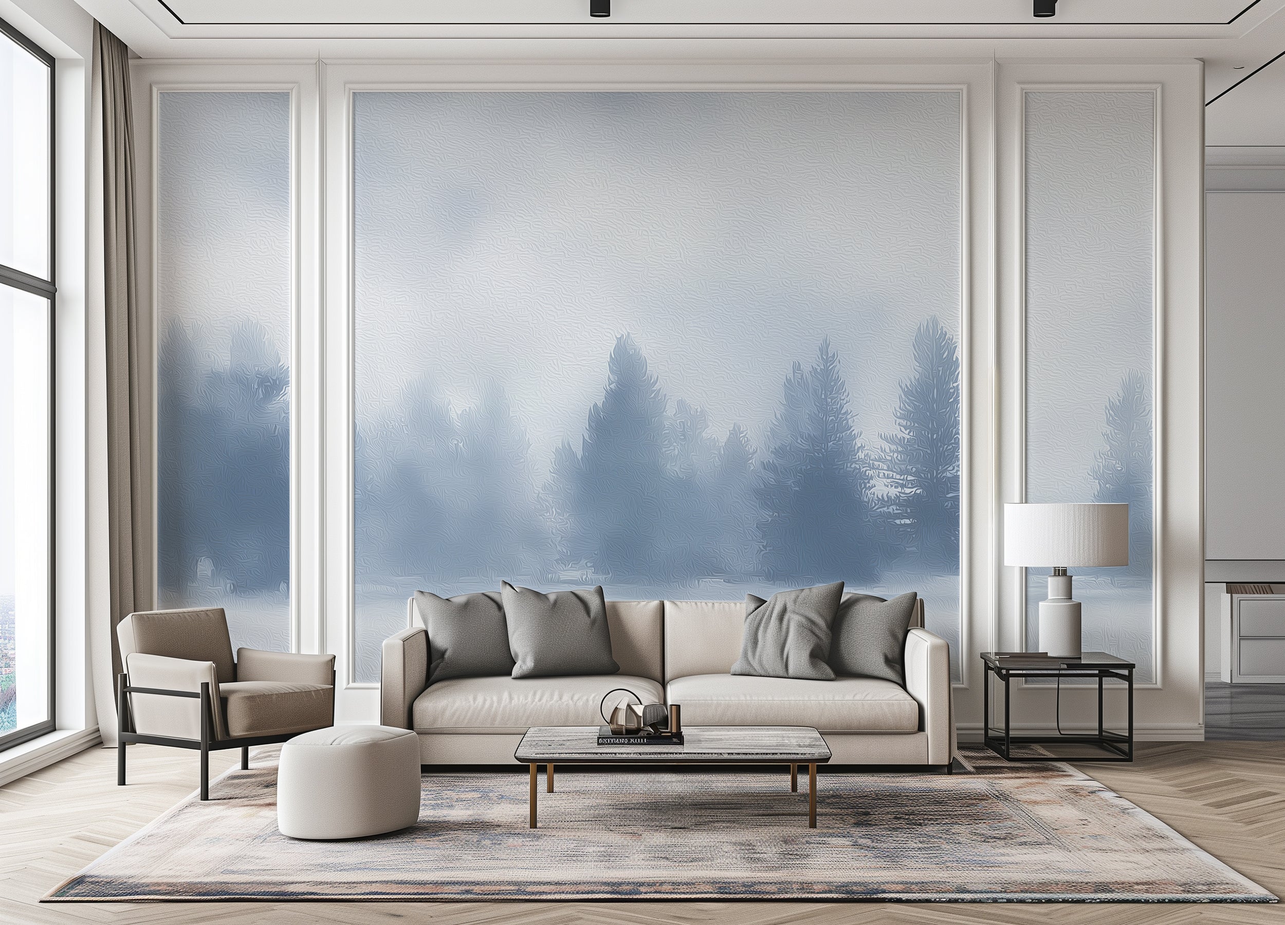 watercolor trees in blue haze
minimal pine woodland wallpaper