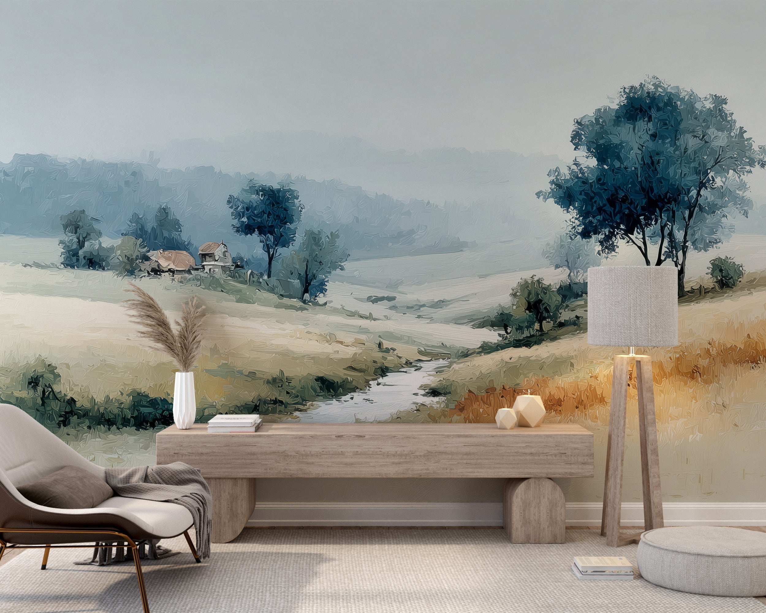 modern vintage countryside mural
gentle hills with trees and houses