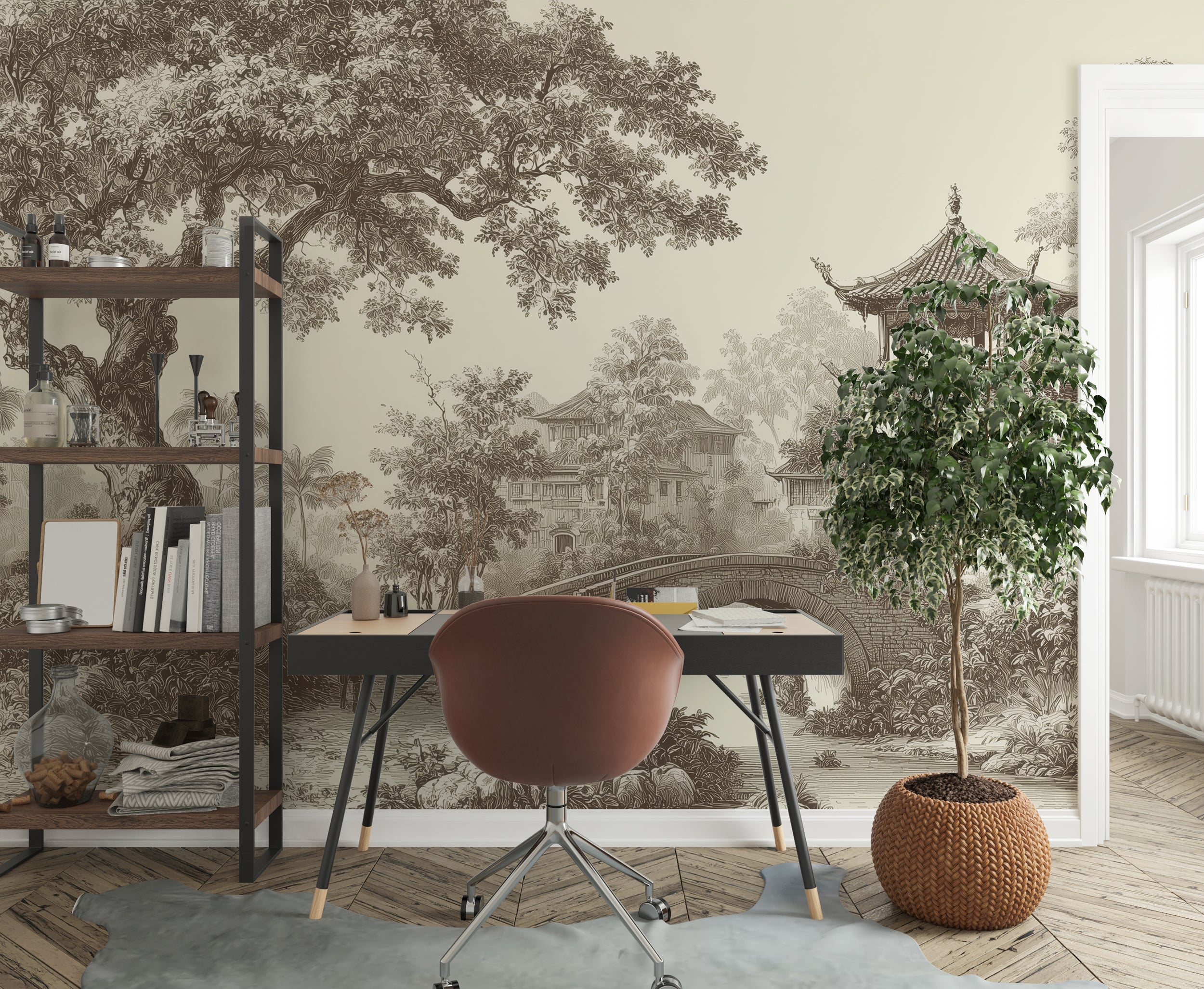 vintage style japanese mural
hand-drawn asian scene wall decor