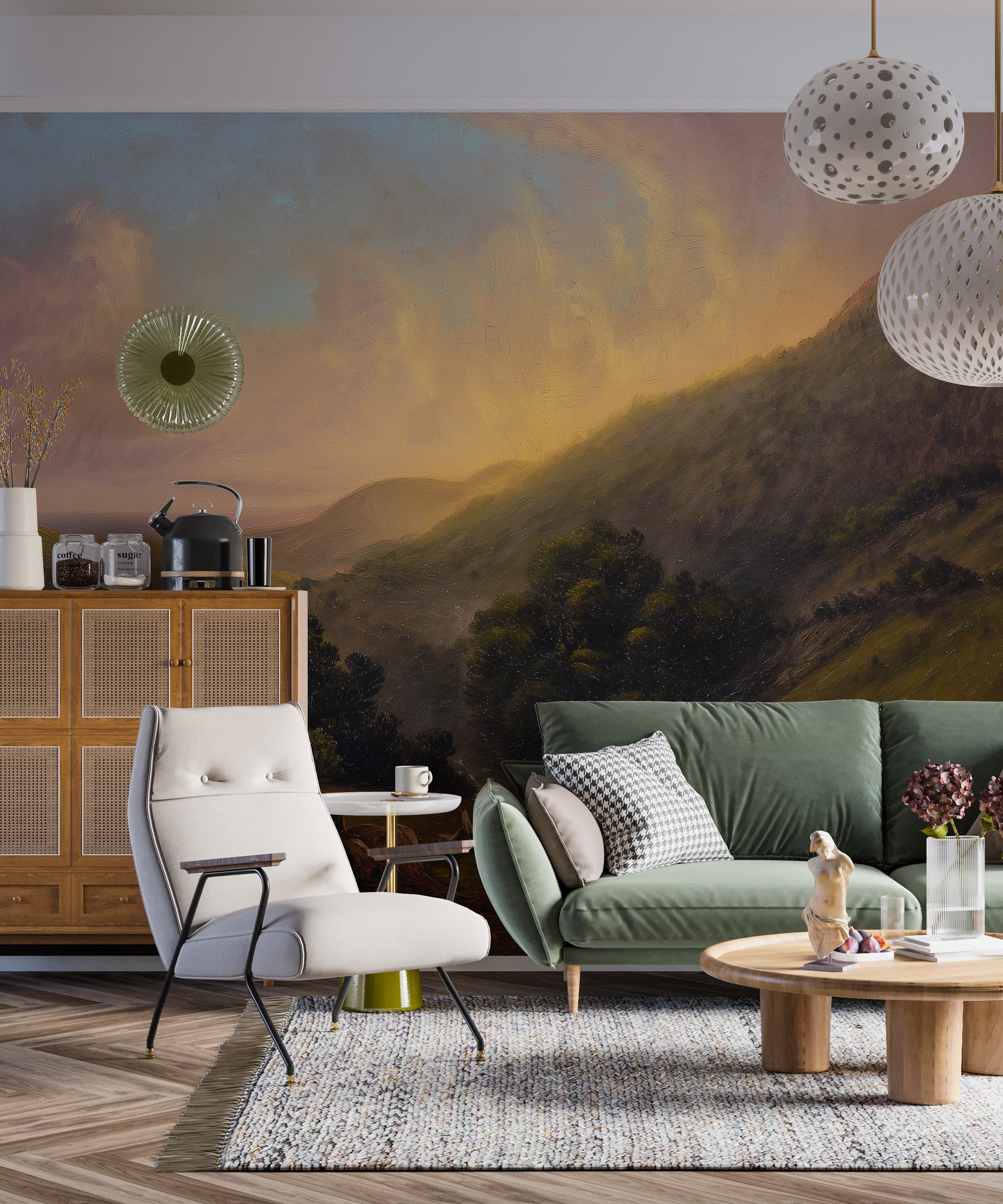 Romantic nature mural with golden hour light
Richly painted dramatic landscape wallpaper