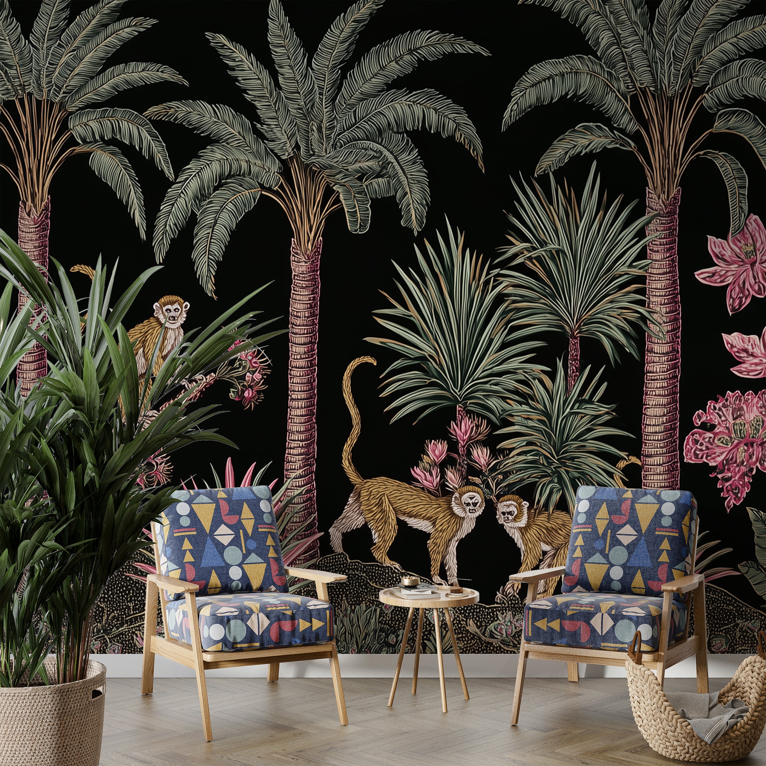 Tropical Jungle Wall Mural with Monkeys and Palm Trees Exotic Animal Wallpaper with Pink Flowers on Black Background Peel and Stick Jungle Wallpaper