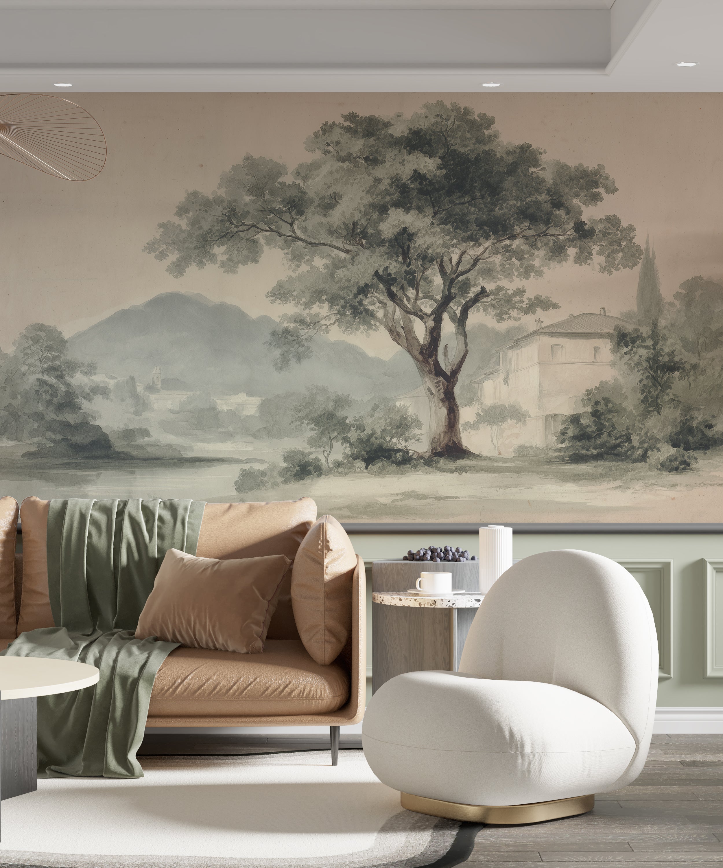 Neutral-tone scenic peel and stick wallpaper
Antique-style tree and countryside mural
