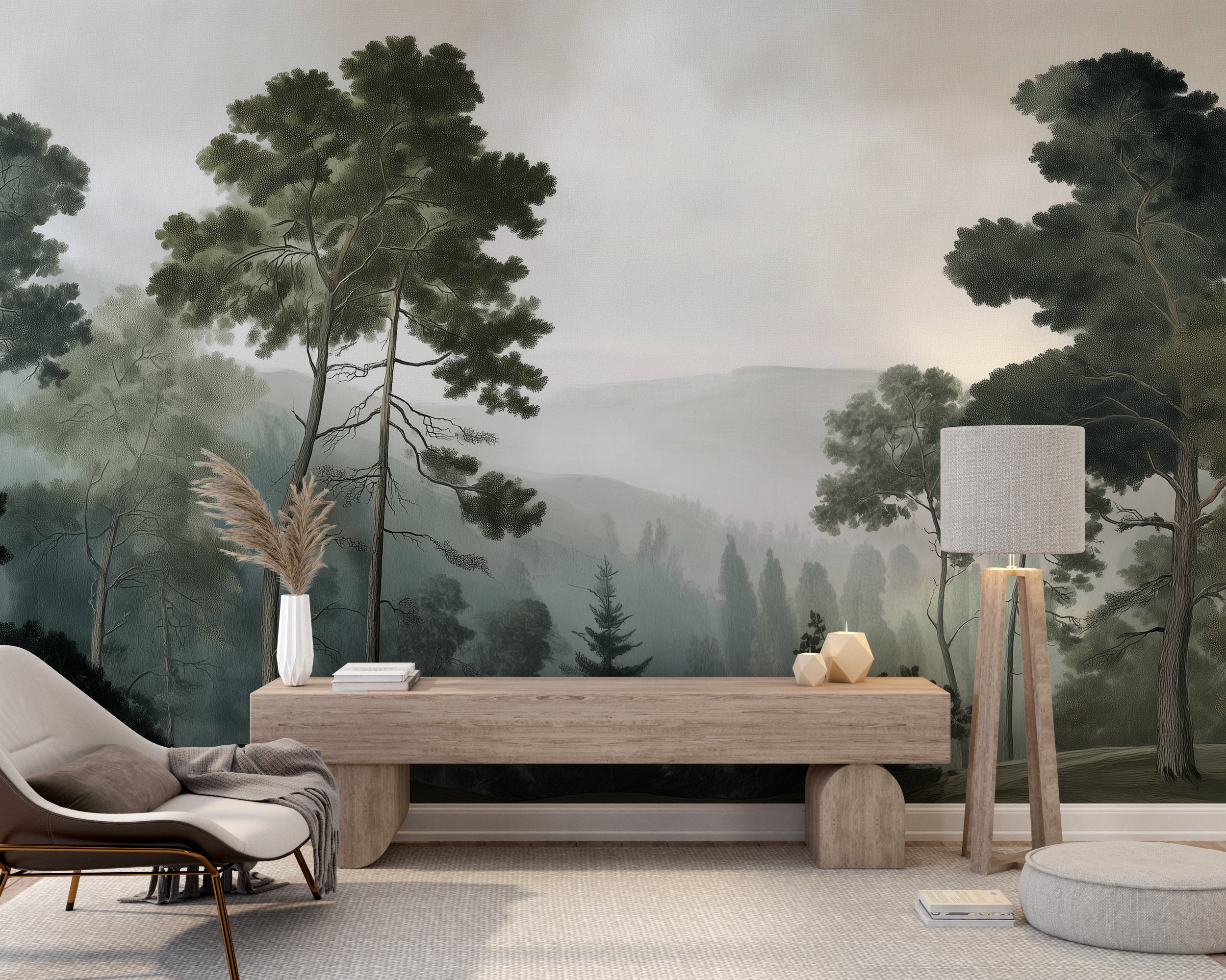 Calm foggy landscape wallpaper
Peel and stick forest wallpaper