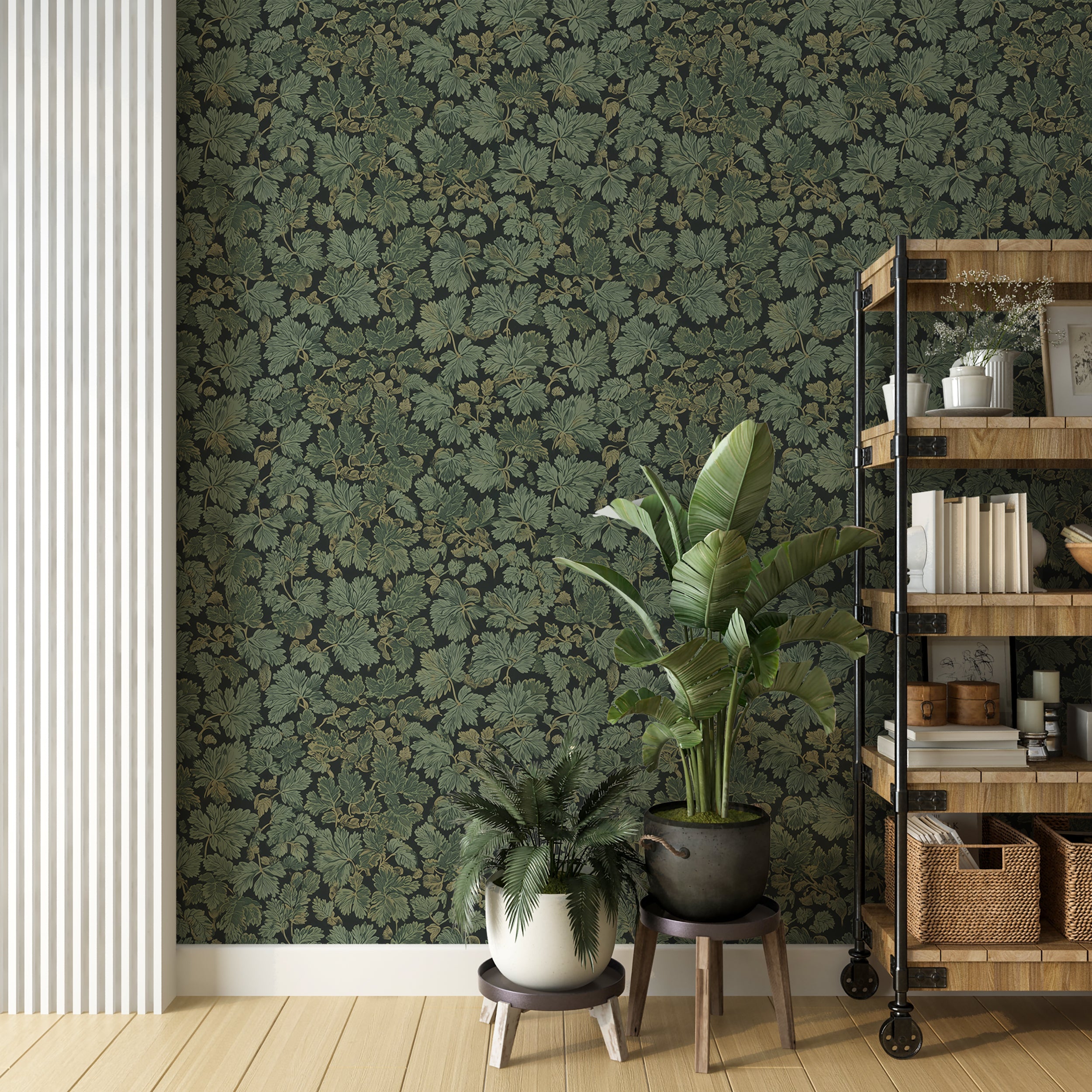 dark botanical wallpaper design
hand-drawn forest leaves mural