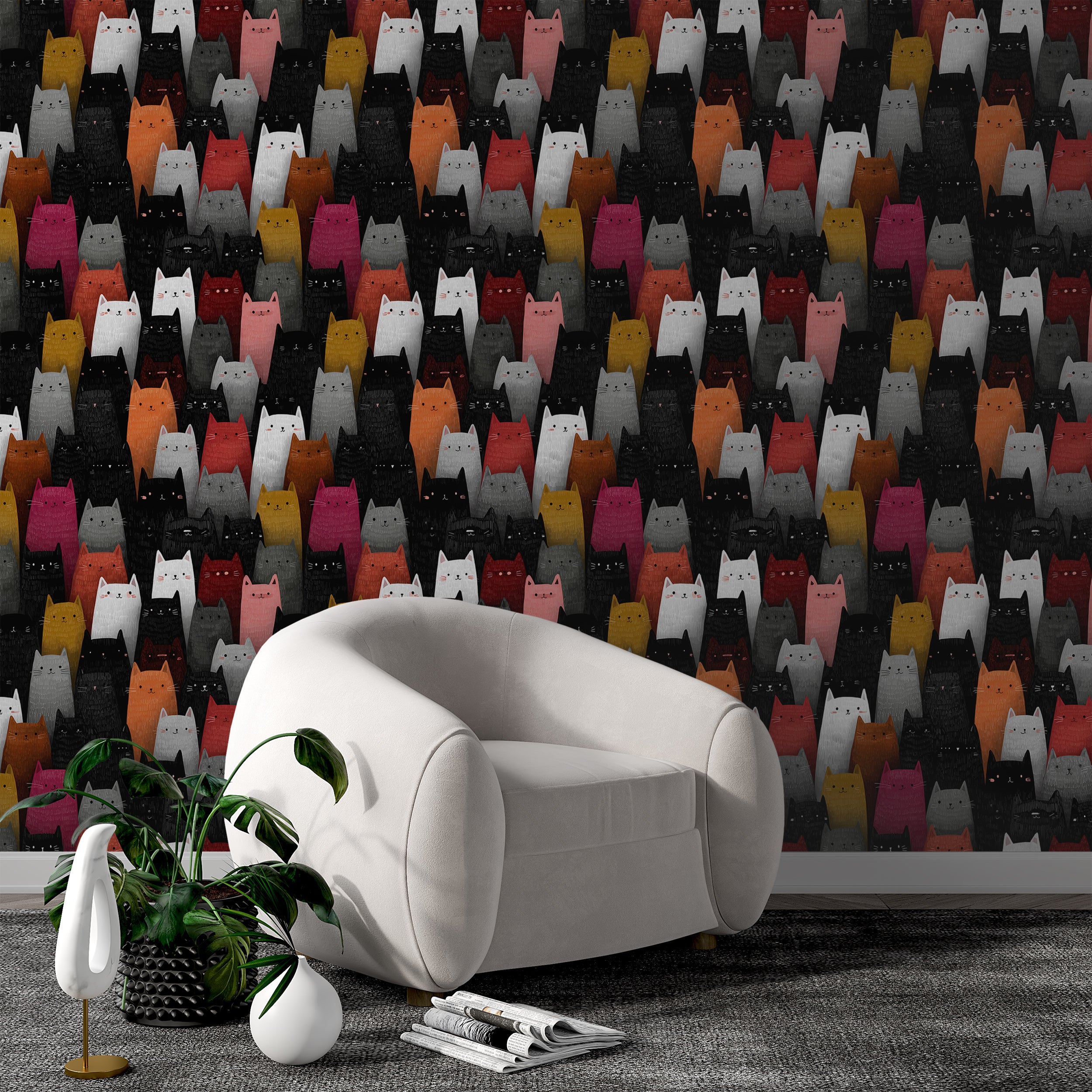 black and white cartoon cats wall art
whimsical modern cat wallpaper