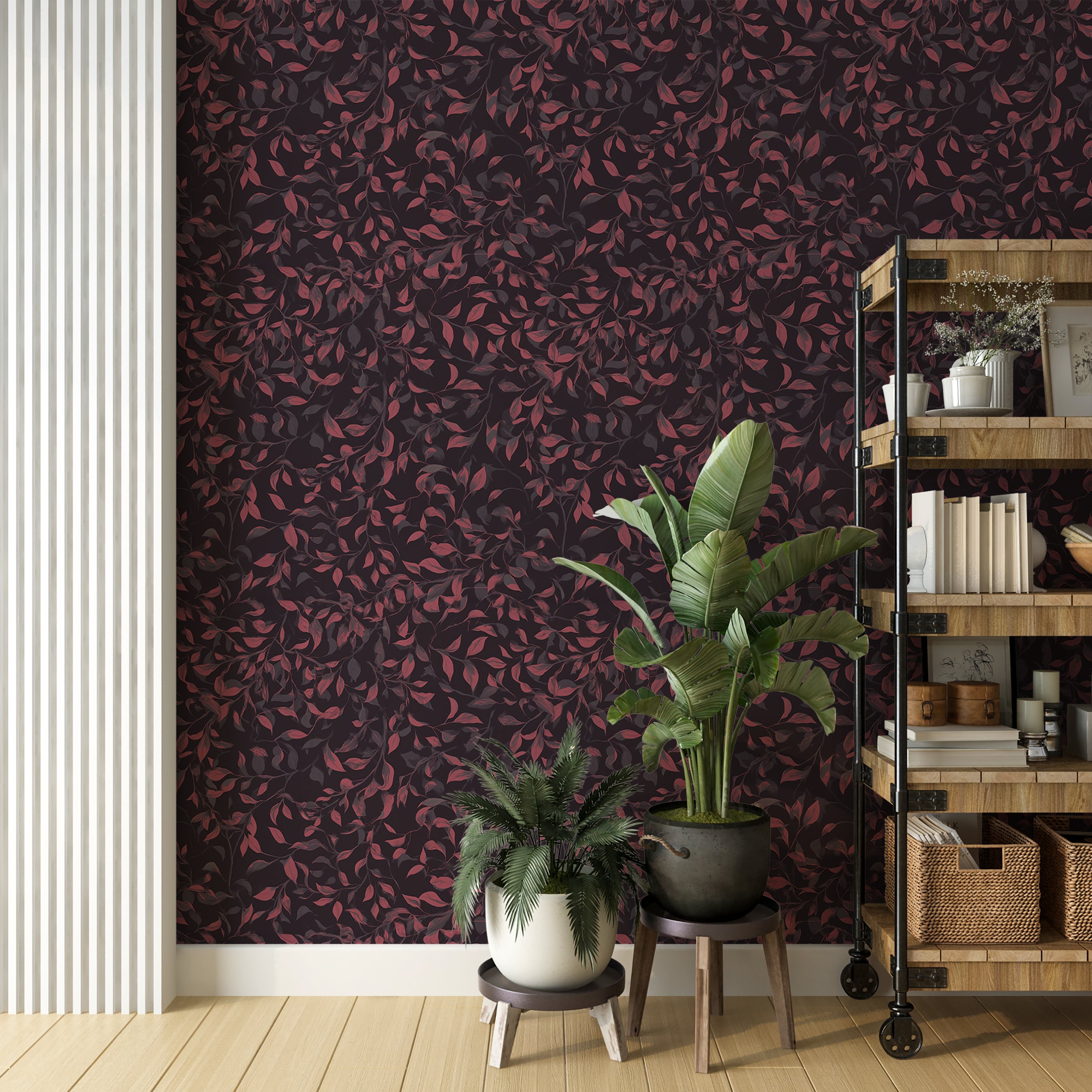 Dramatic dark background wallpaper pattern
Moody red foliage wallpaper print