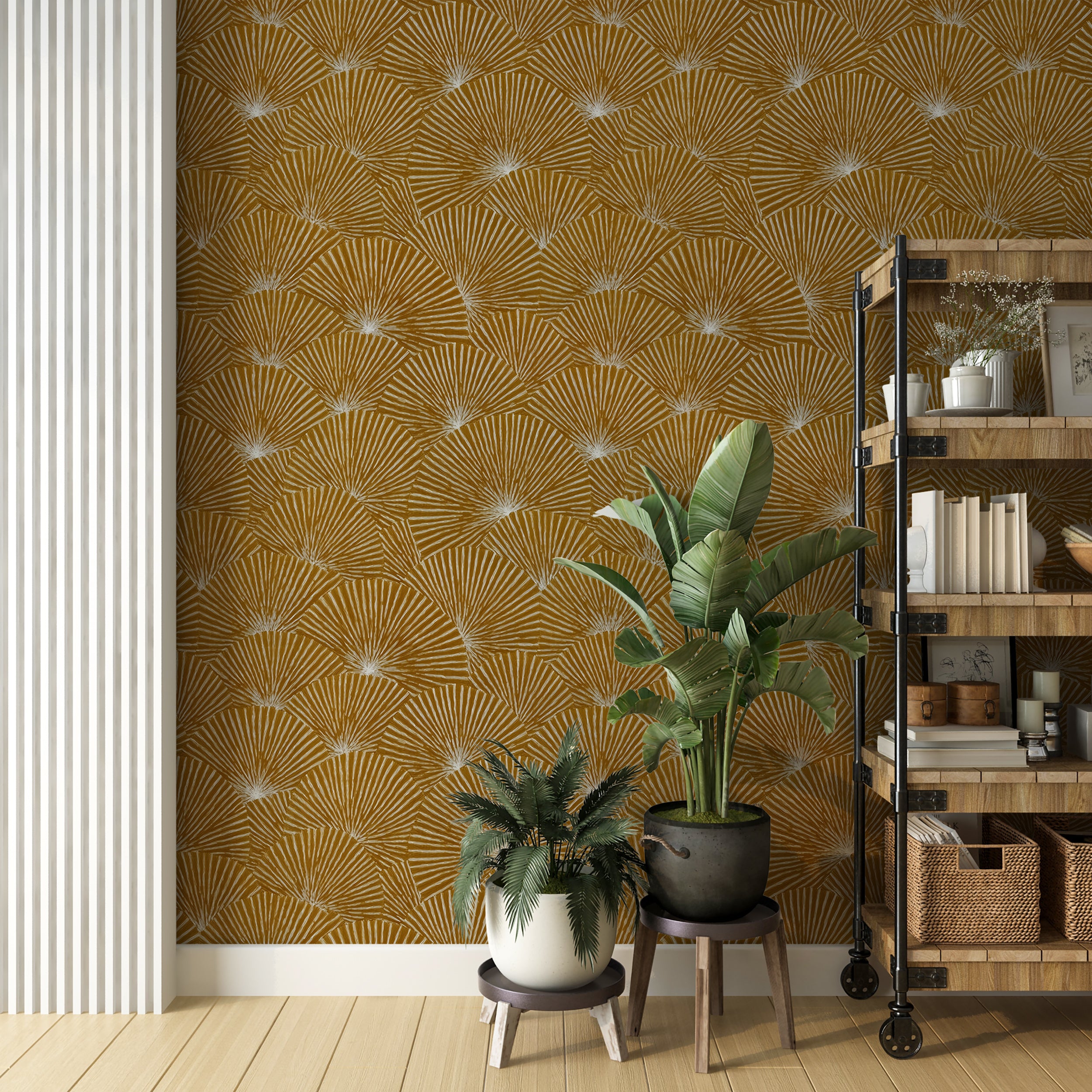 Abstract golden burst wallpaper pattern
Warm gold and white fan wallpaper design