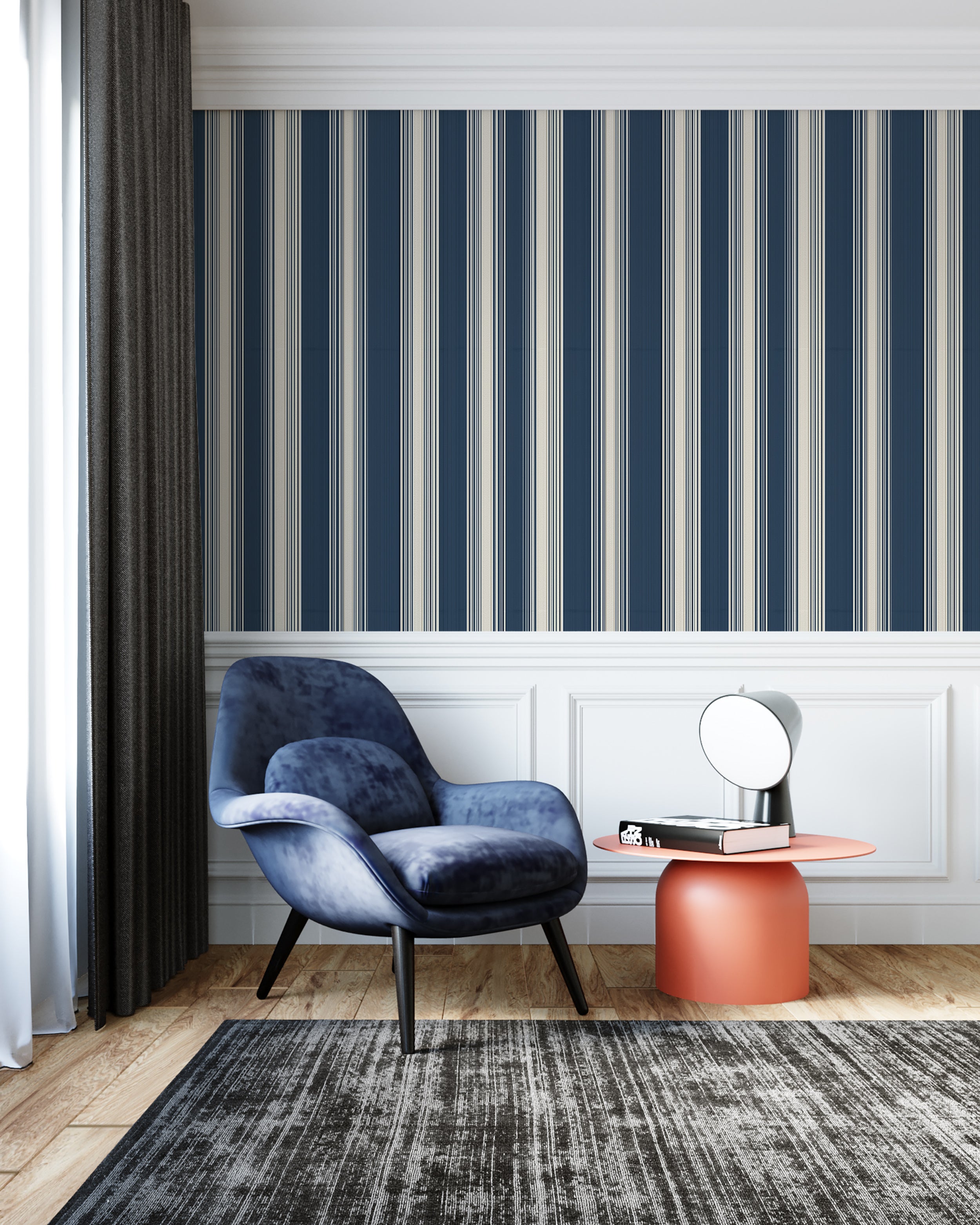 Vertical stripe wallcovering in navy and cream
Bold blue striped wallpaper design