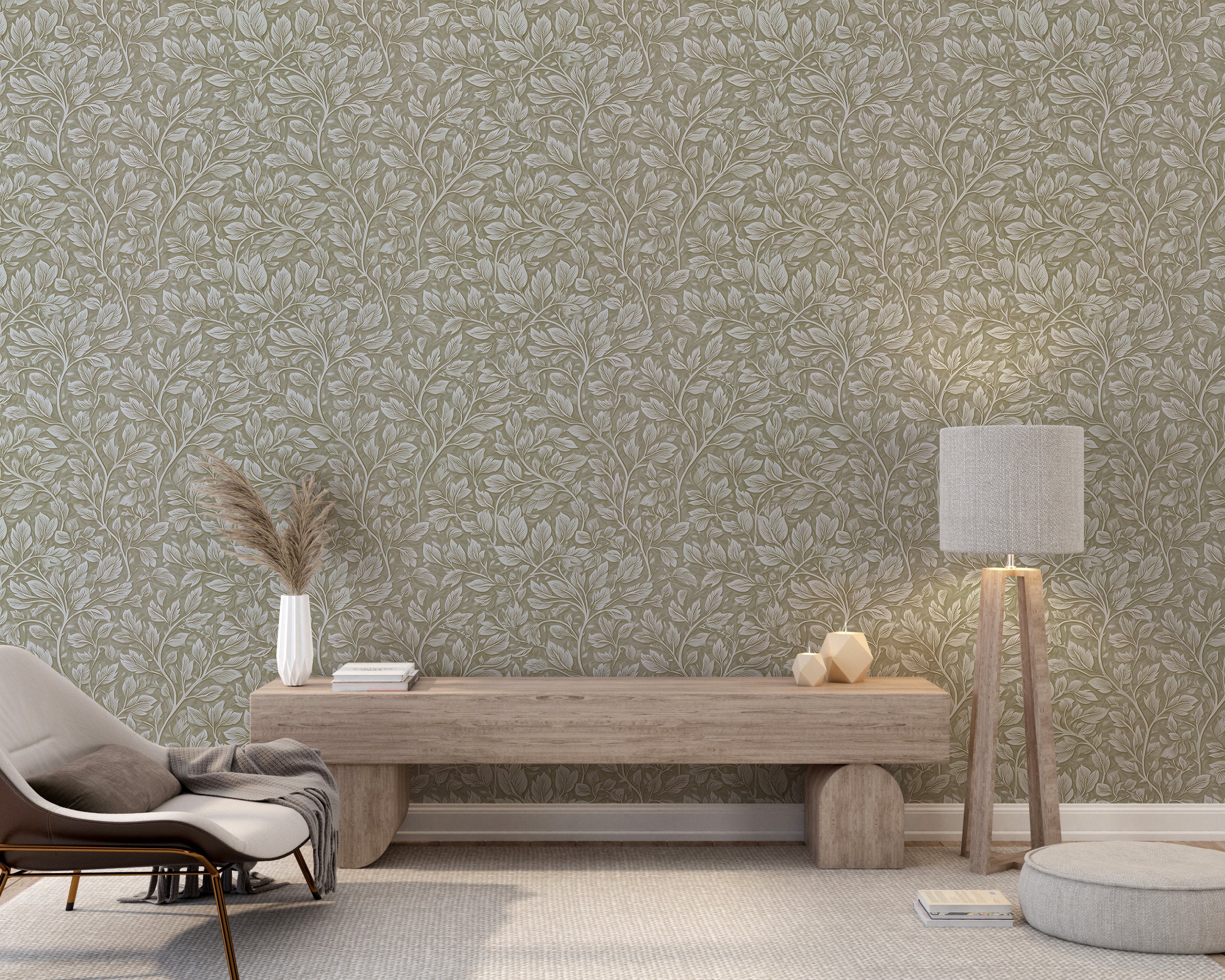 Delicate leaf wallpaper on green base
Creamy white leaves on sage wallpaper