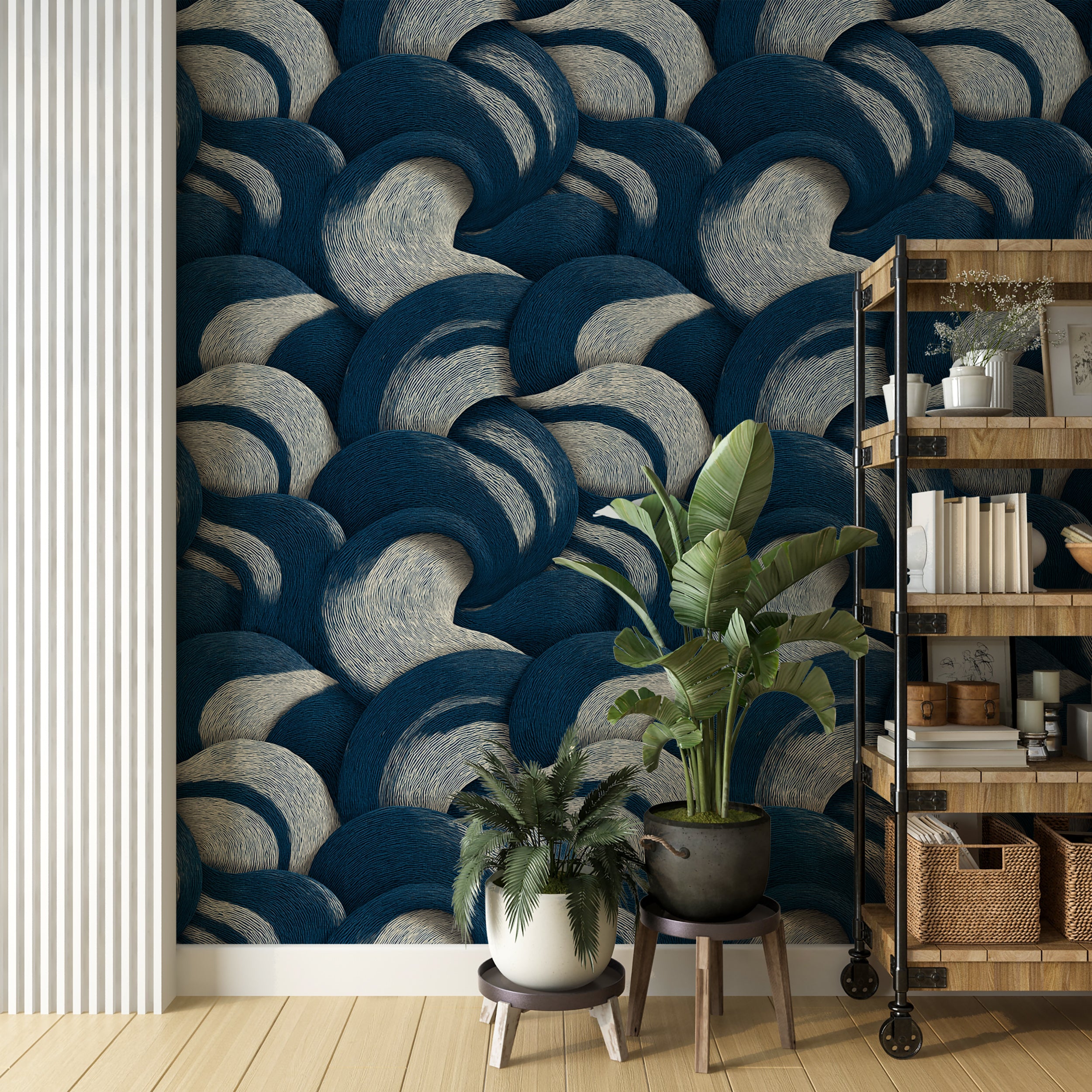 Textured curved wallpaper in navy and ivory
Abstract overlapping swirl wallpaper print