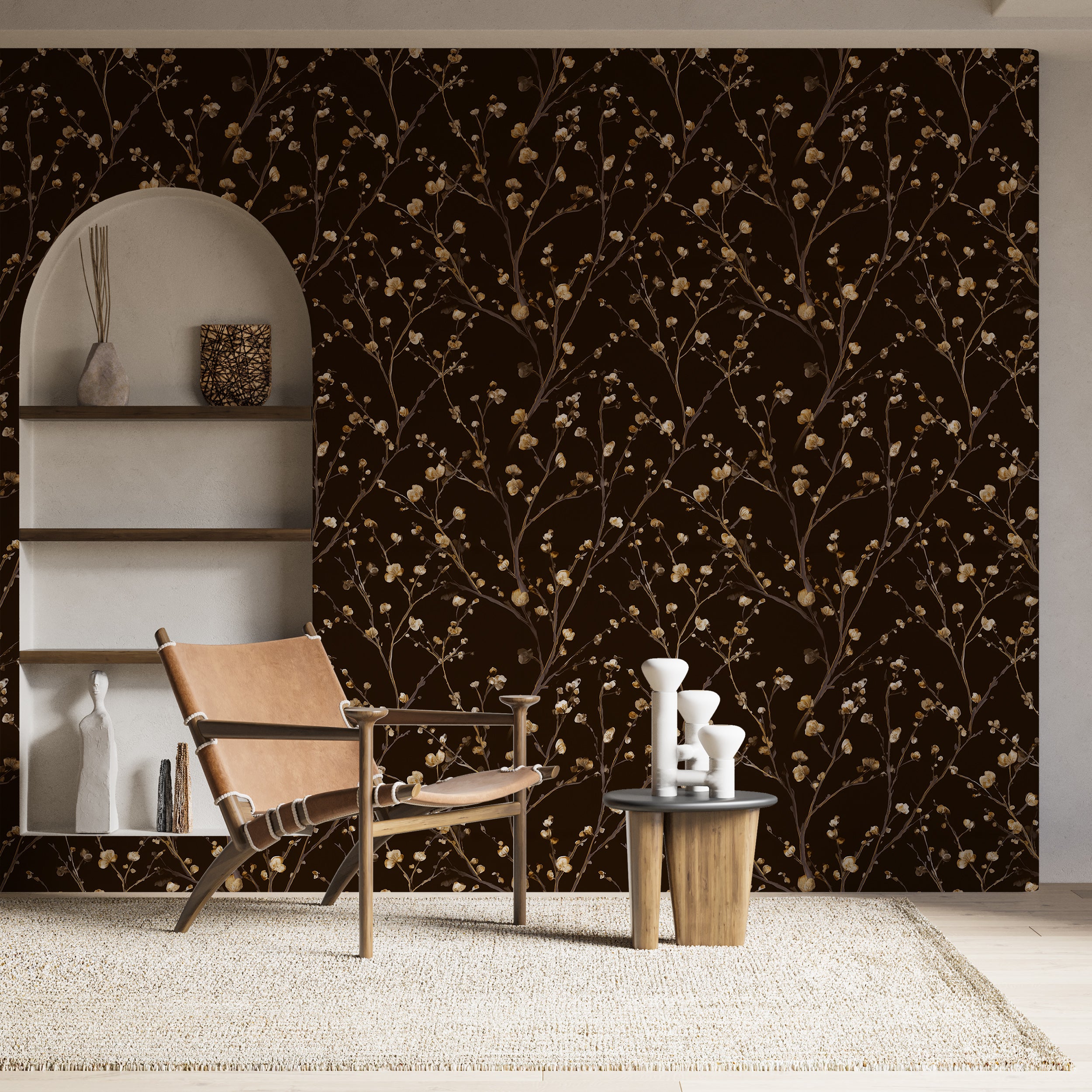Floral branch wallpaper in warm tones
Gold botanical wallpaper design