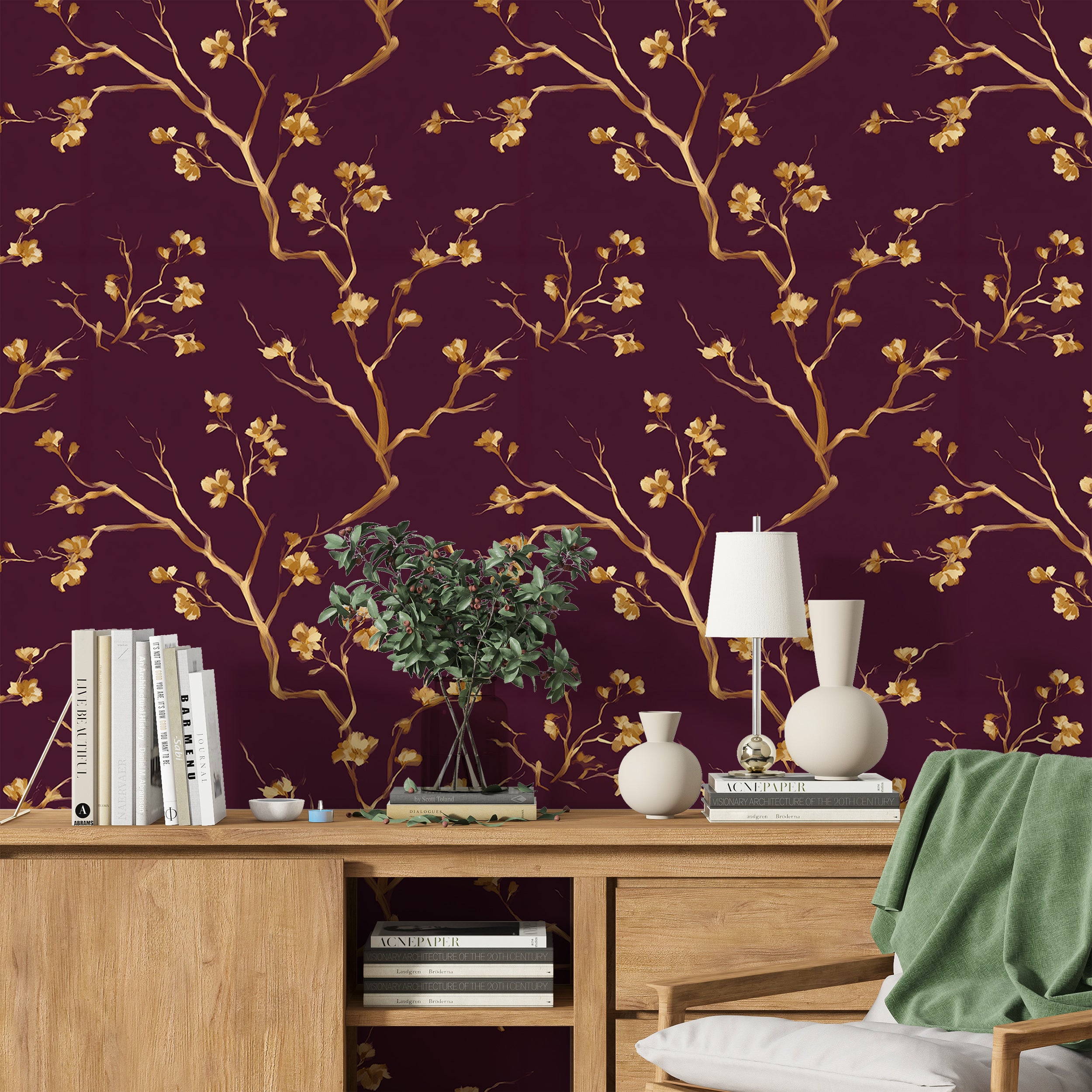 Artistic wallpaper with gold and purple
Golden blossom wall decor pattern