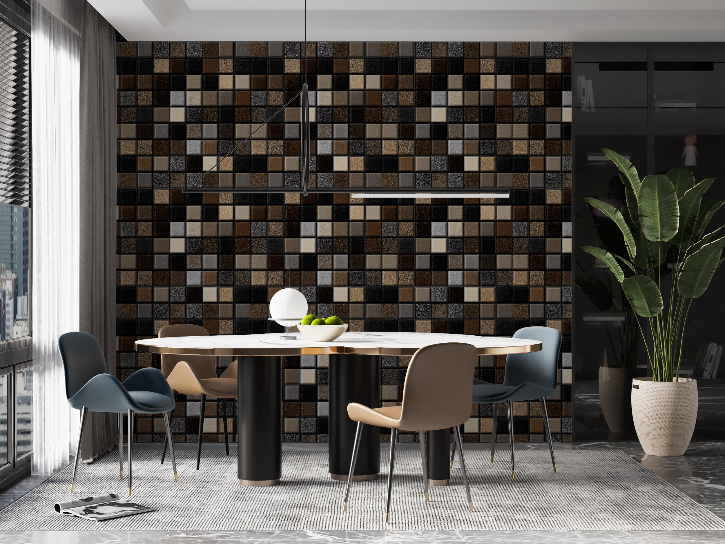 Textured mosaic print wallpaper with ceramic look
Black and tan mosaic square tile pattern