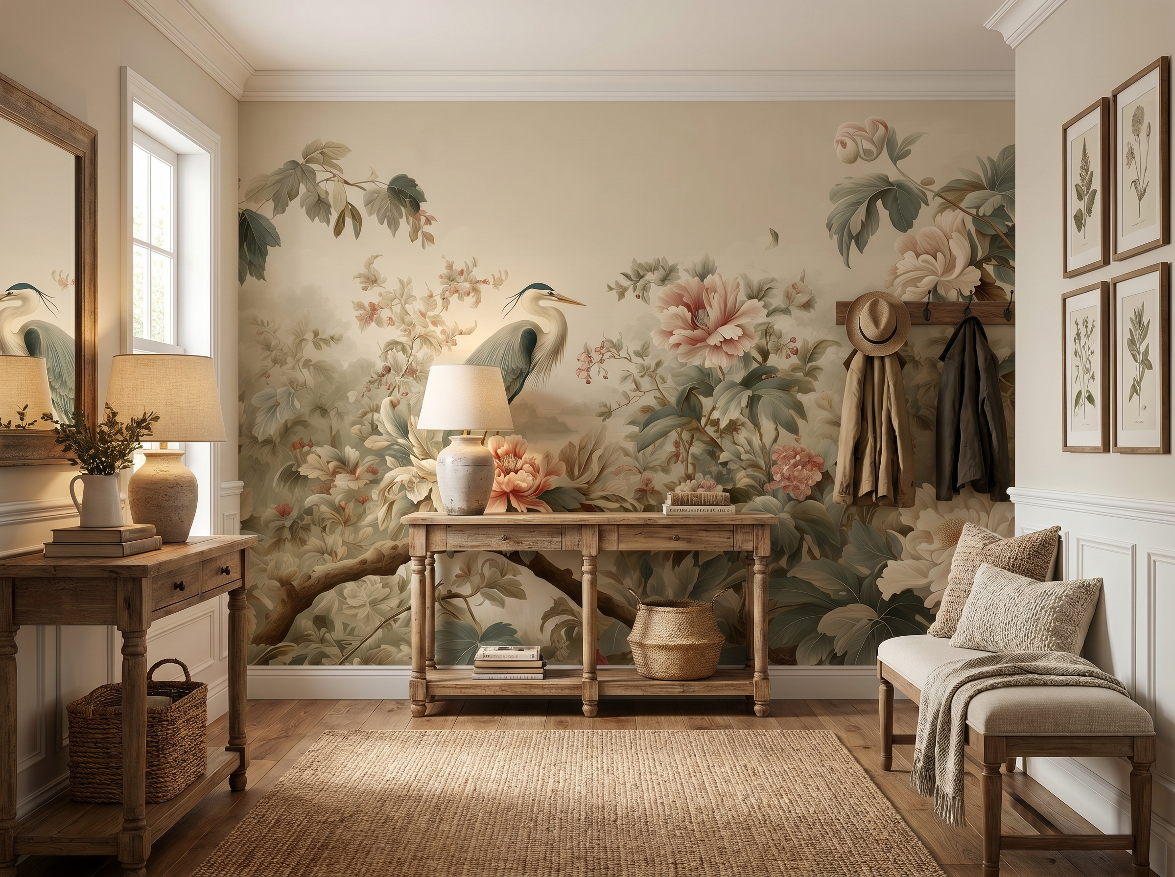 neutral botanical mural chinoiserie style
elegant crane wallpaper vintage asian art