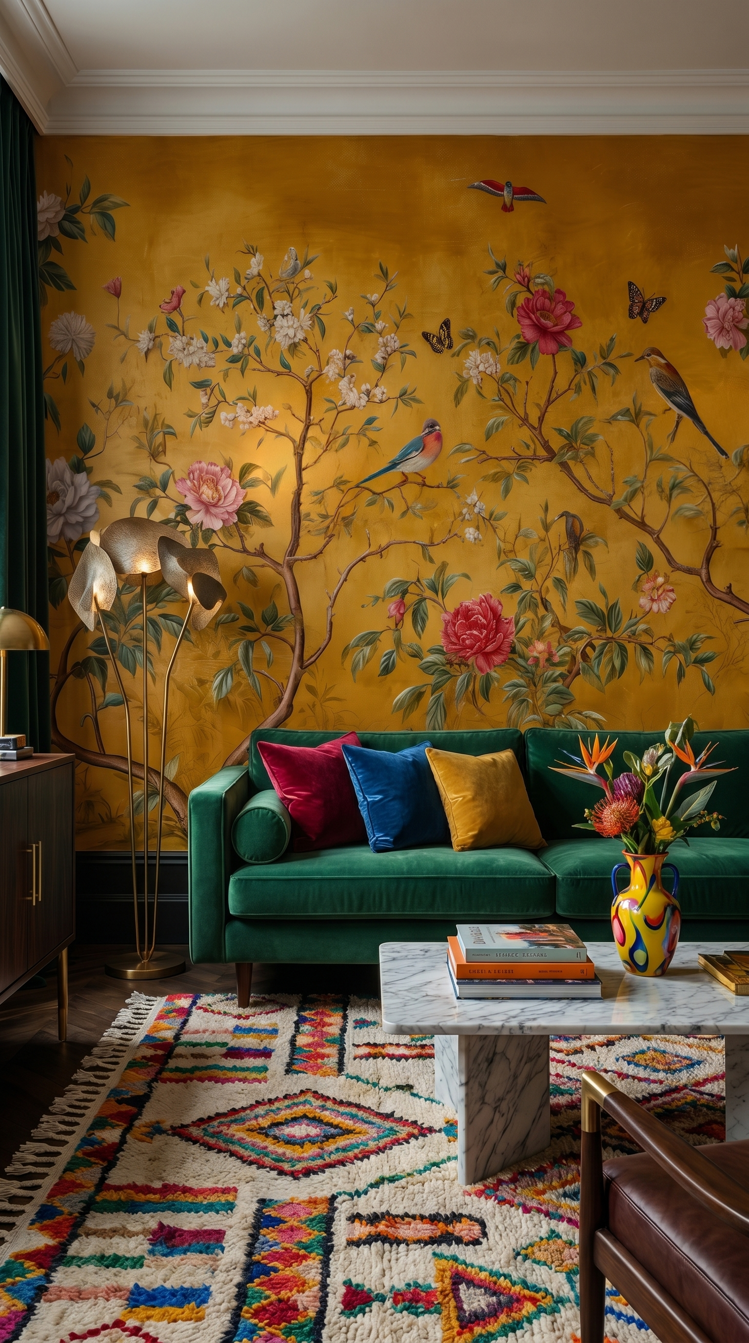 yellow chinoiserie wall mural birds and flowers
oriental garden wallpaper with peonies