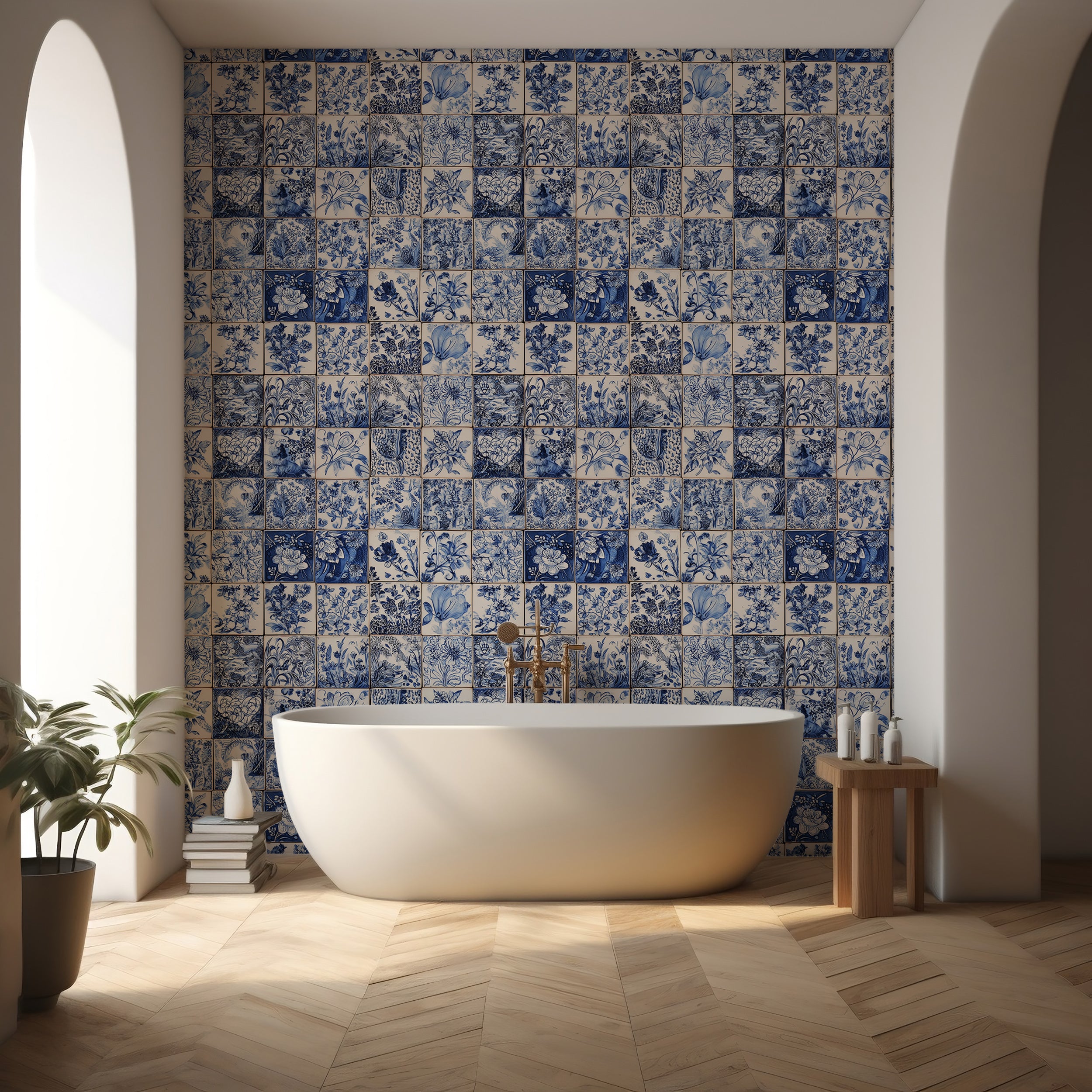 classic european tile wallpaper floral motif
bathroom tile look wallpaper blue white pattern