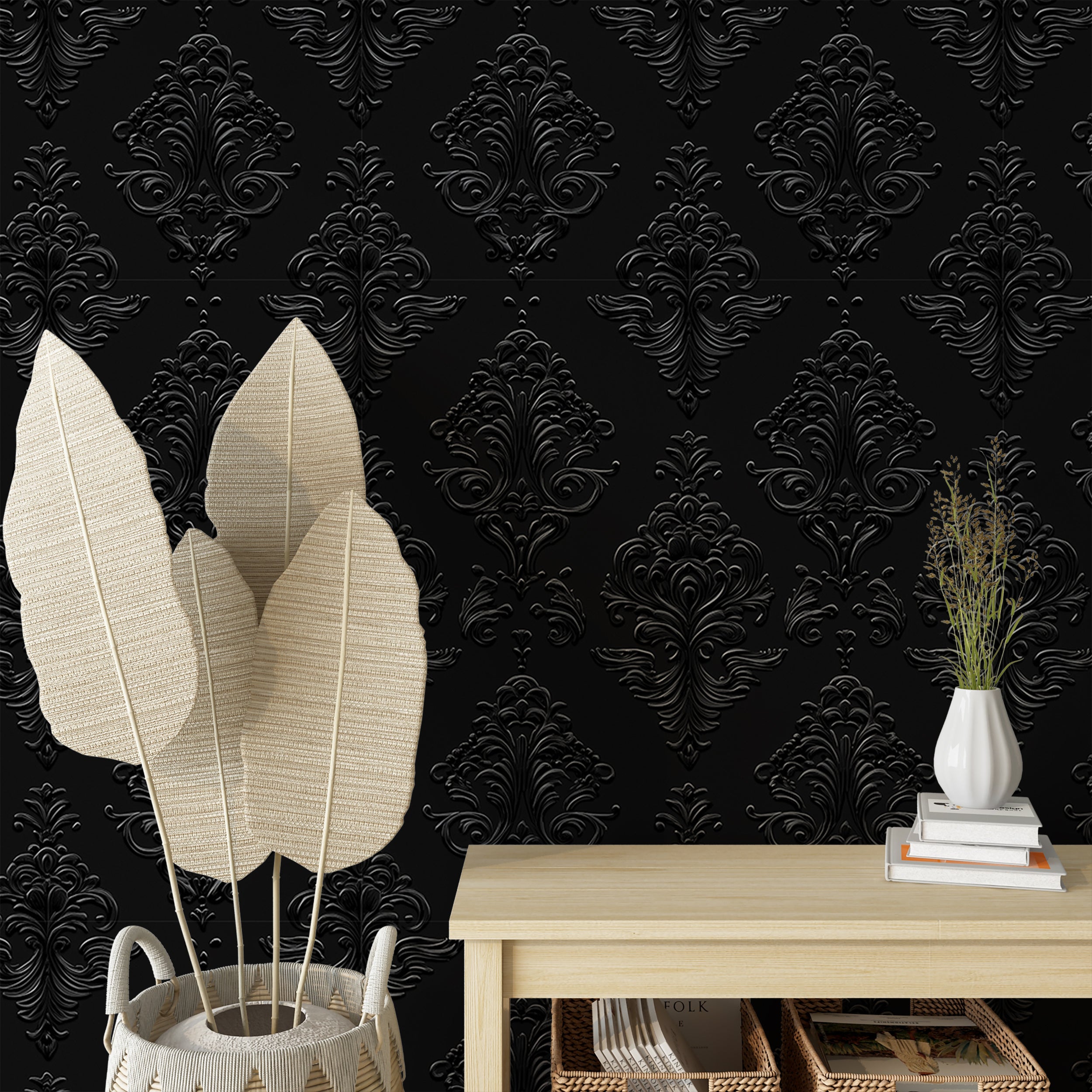 Peel and stick black wallpaper for dramatic wall decor
Classic dark wallpaper for vintage-inspired decor