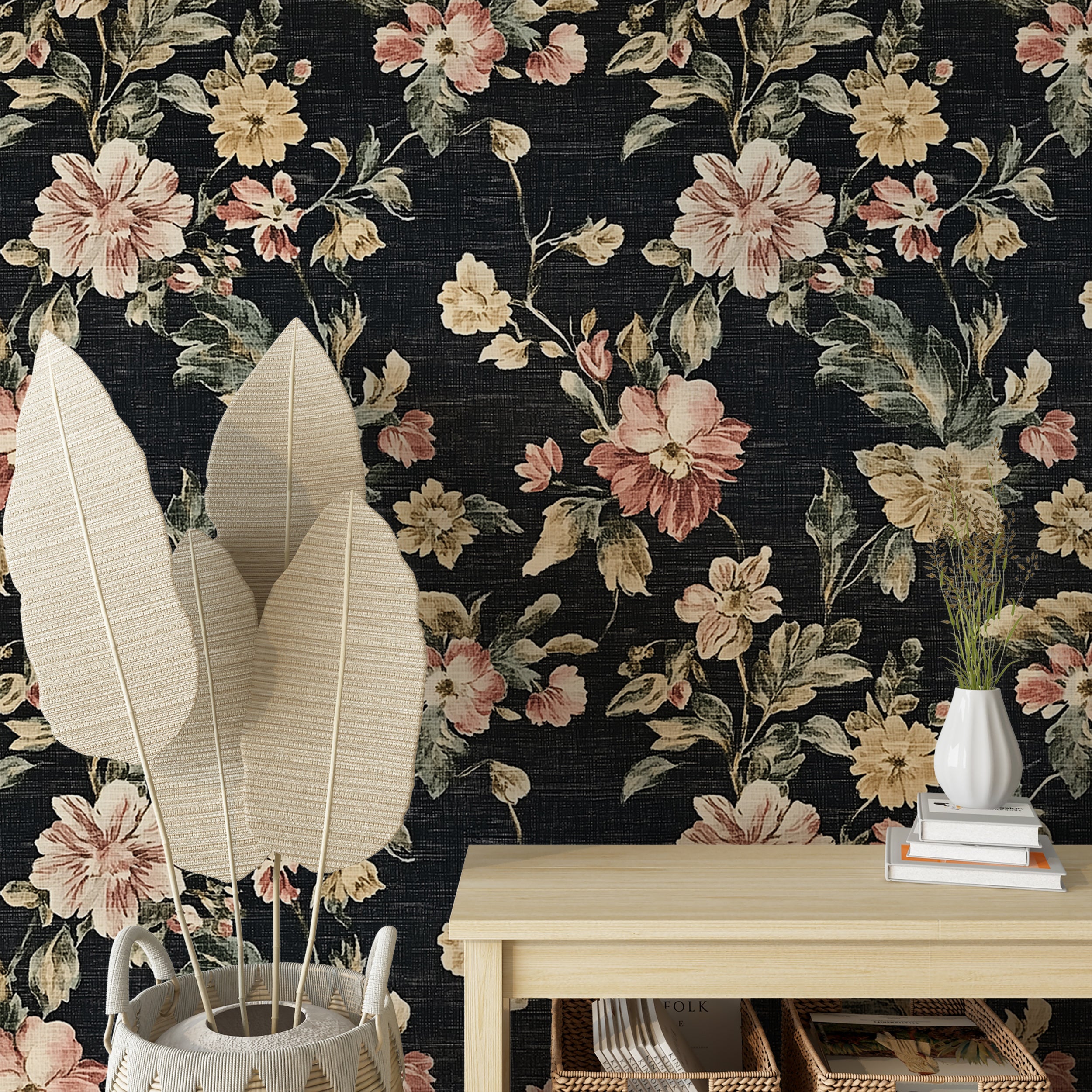 Dark floral wallpaper with rich colors for sophisticated decor
Vintage floral peel and stick wallpaper with black background