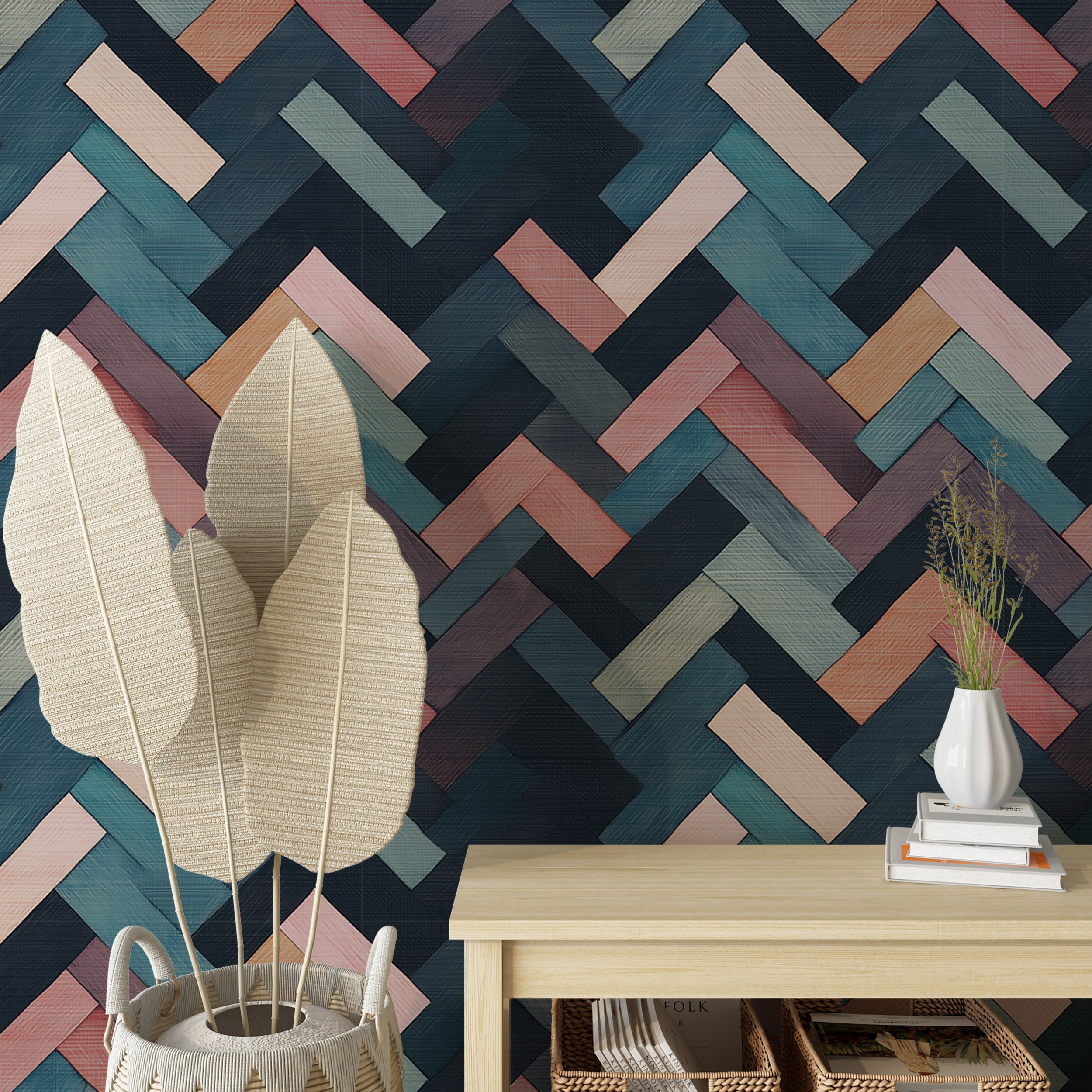 Pastel herringbone wallpaper for playful, contemporary spaces
Peel and stick wallpaper with colorful geometric pattern