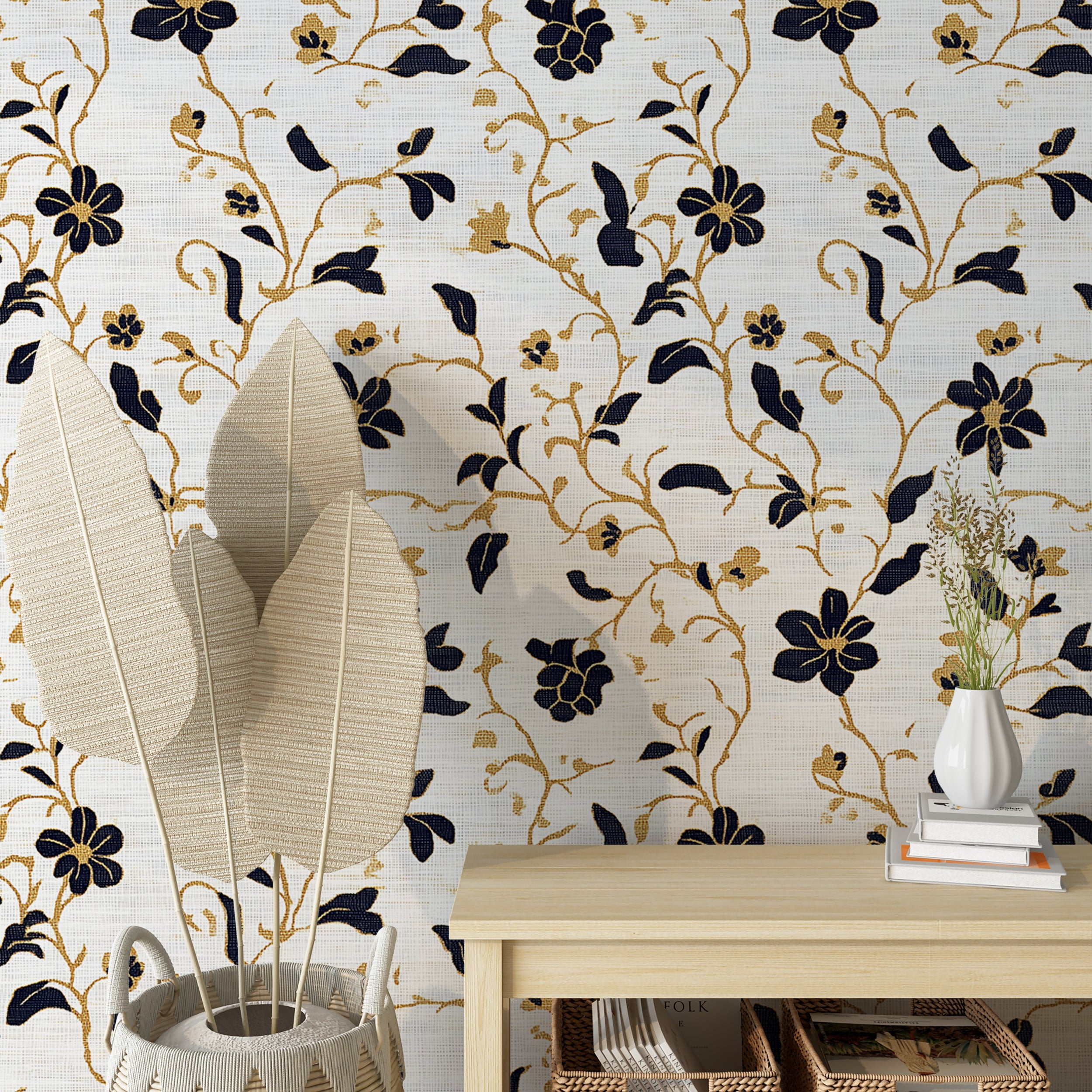 Black and gold flowers wallpaper for refined and vintage-inspired rooms
Elegant white background floral wallpaper with gold accents
