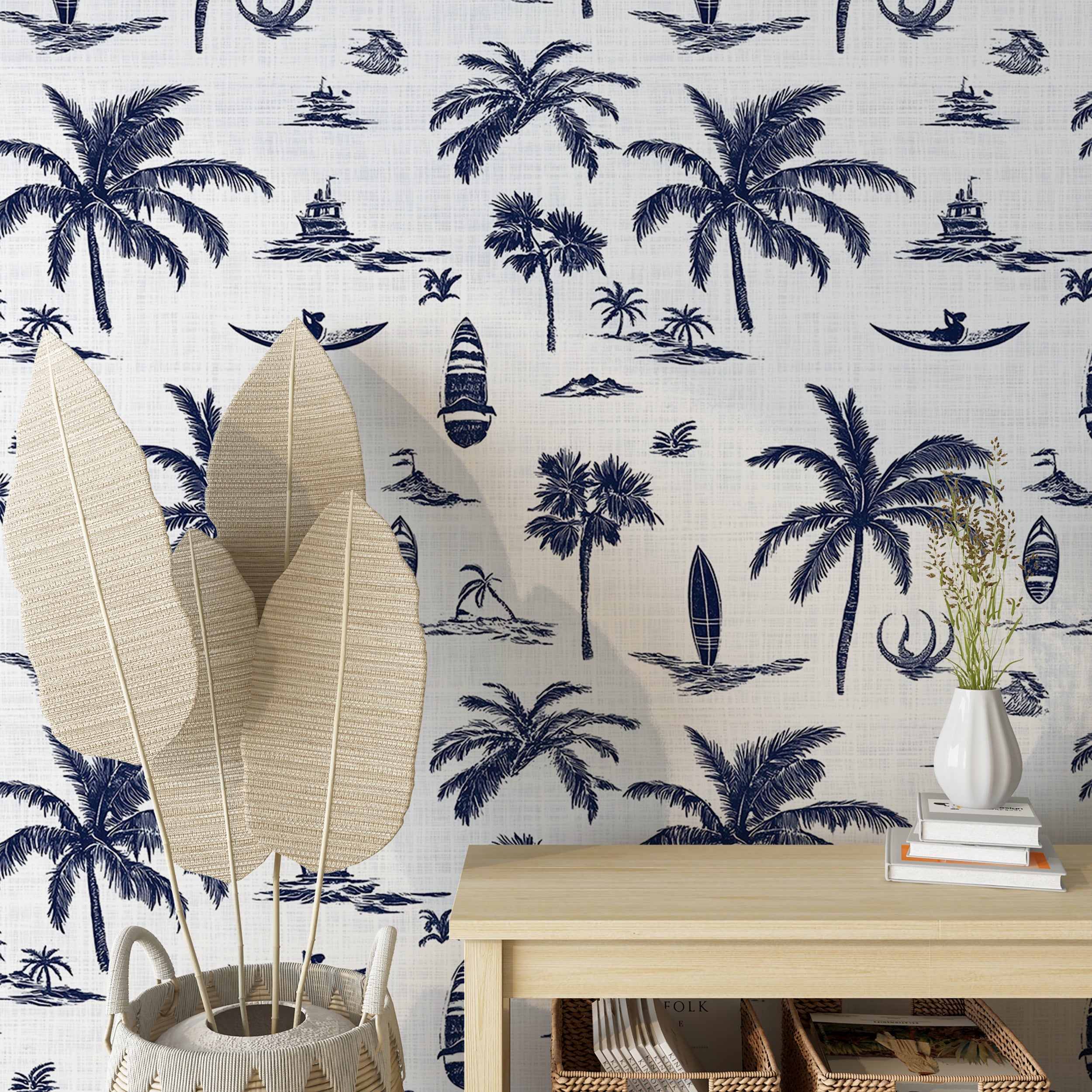Fun and playful tropical wallpaper for bathroom or bedroom walls
Coastal wall decor with palm trees and surfboards for a beachy atmosphere