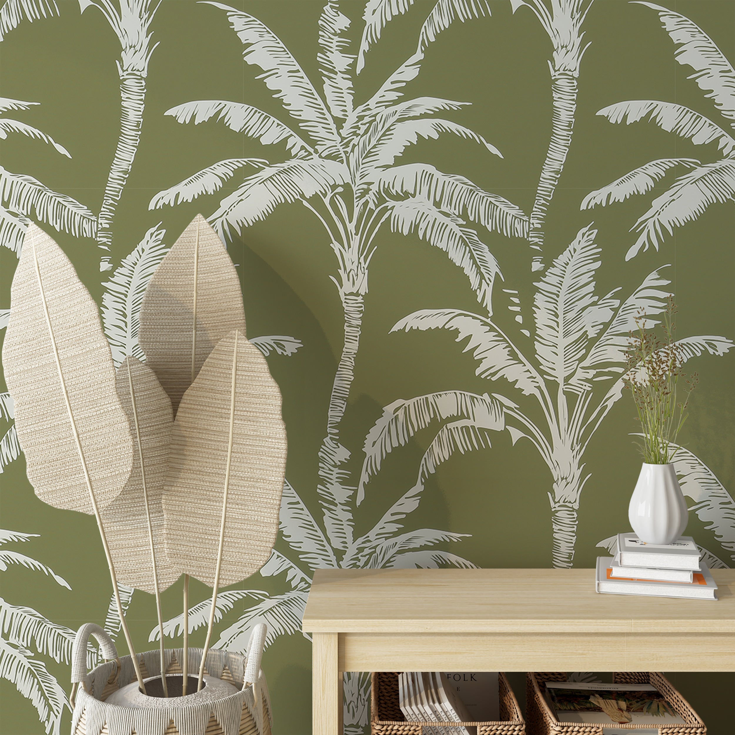 Peel and stick palm tree wallpaper for serene home decor
Olive green tropical wall art for a soothing living space