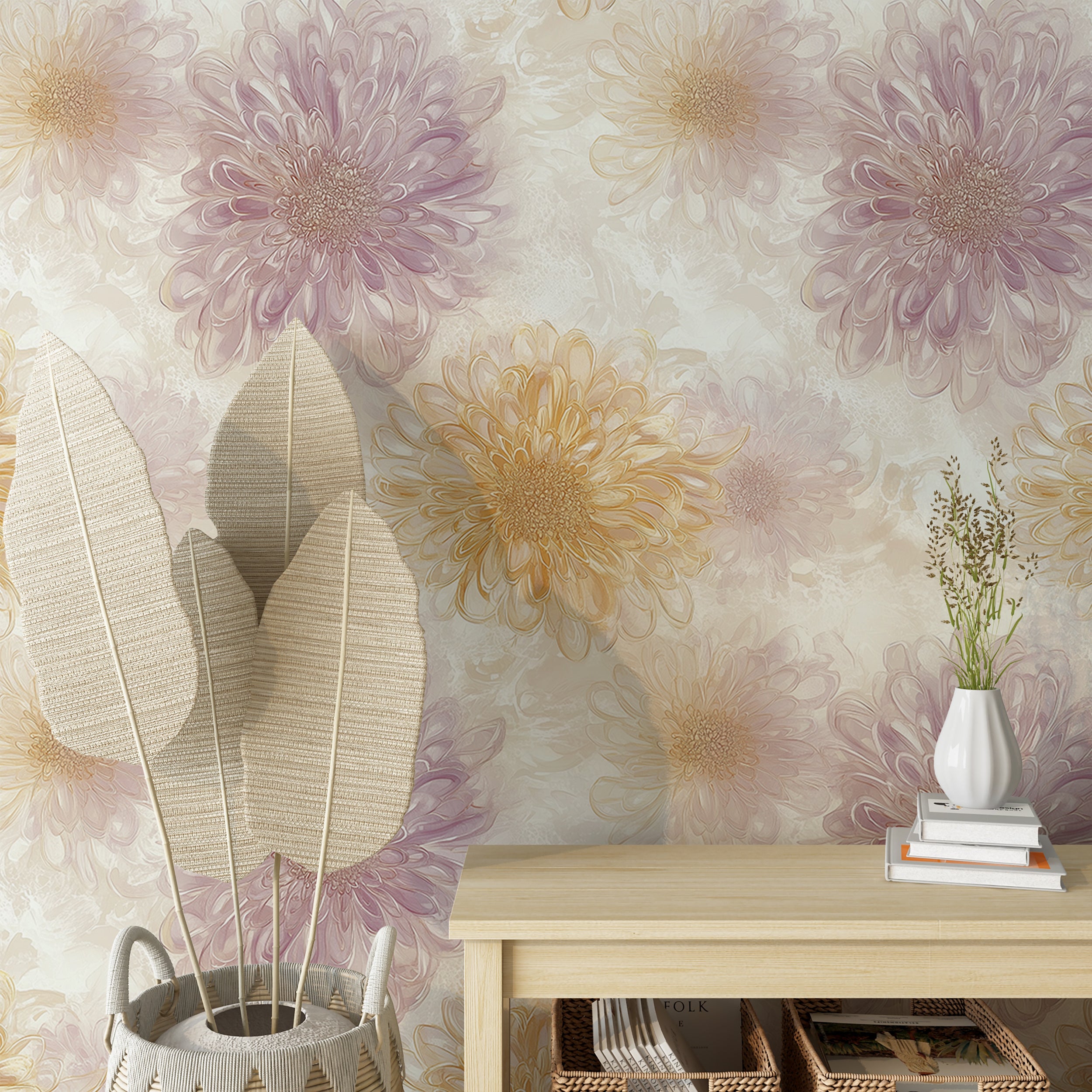 Light chrysanthemum pattern wallpaper for floral decor
Peel and stick watercolor wallpaper with pink and yellow flowers