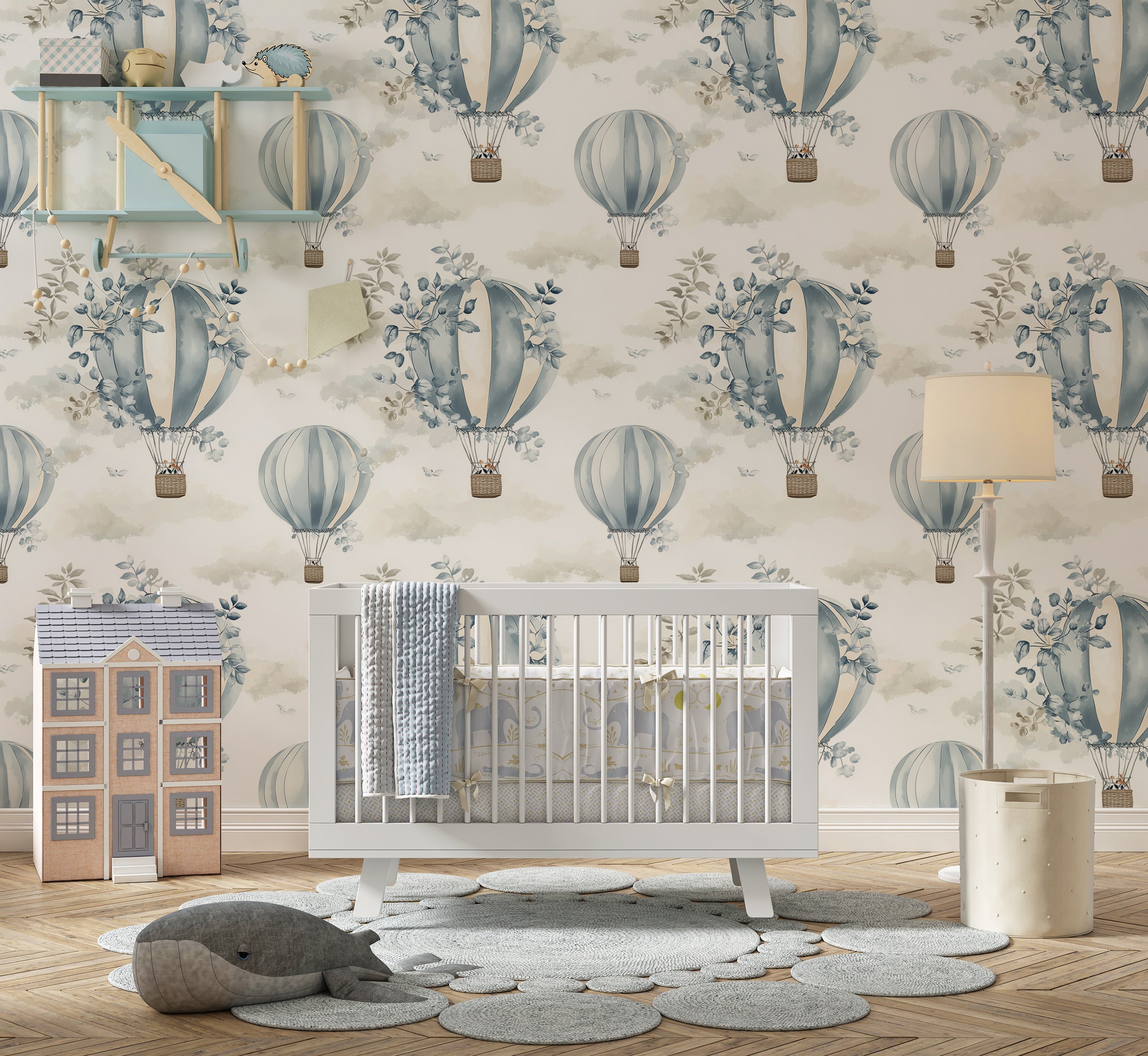 Hot air balloon and botanical wallpaper.
Watercolor sky and balloon wall mural.