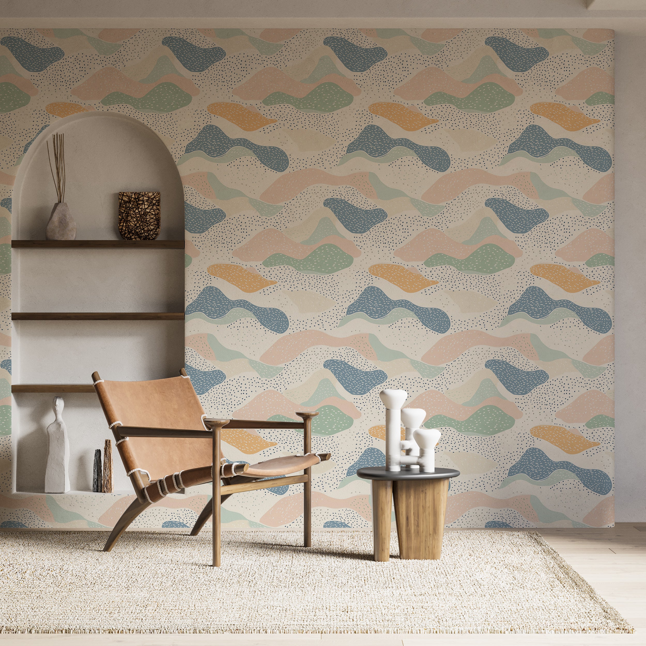 Removable dotted design wallpaper.
Gentle pastel wavy design for modern decor.