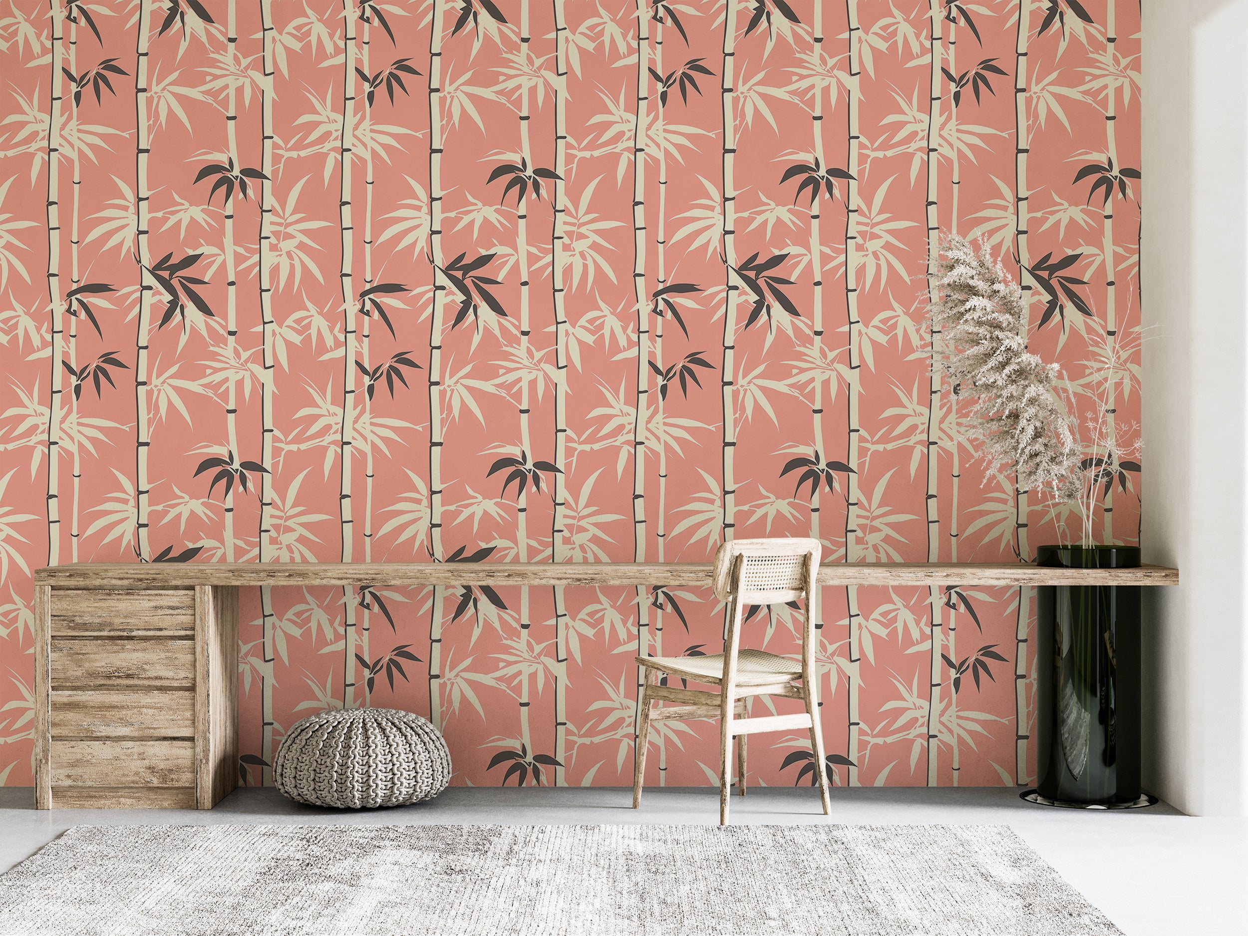 Peach pink and white bamboo pattern wallpaper.
Mid-century modern bamboo wall mural.