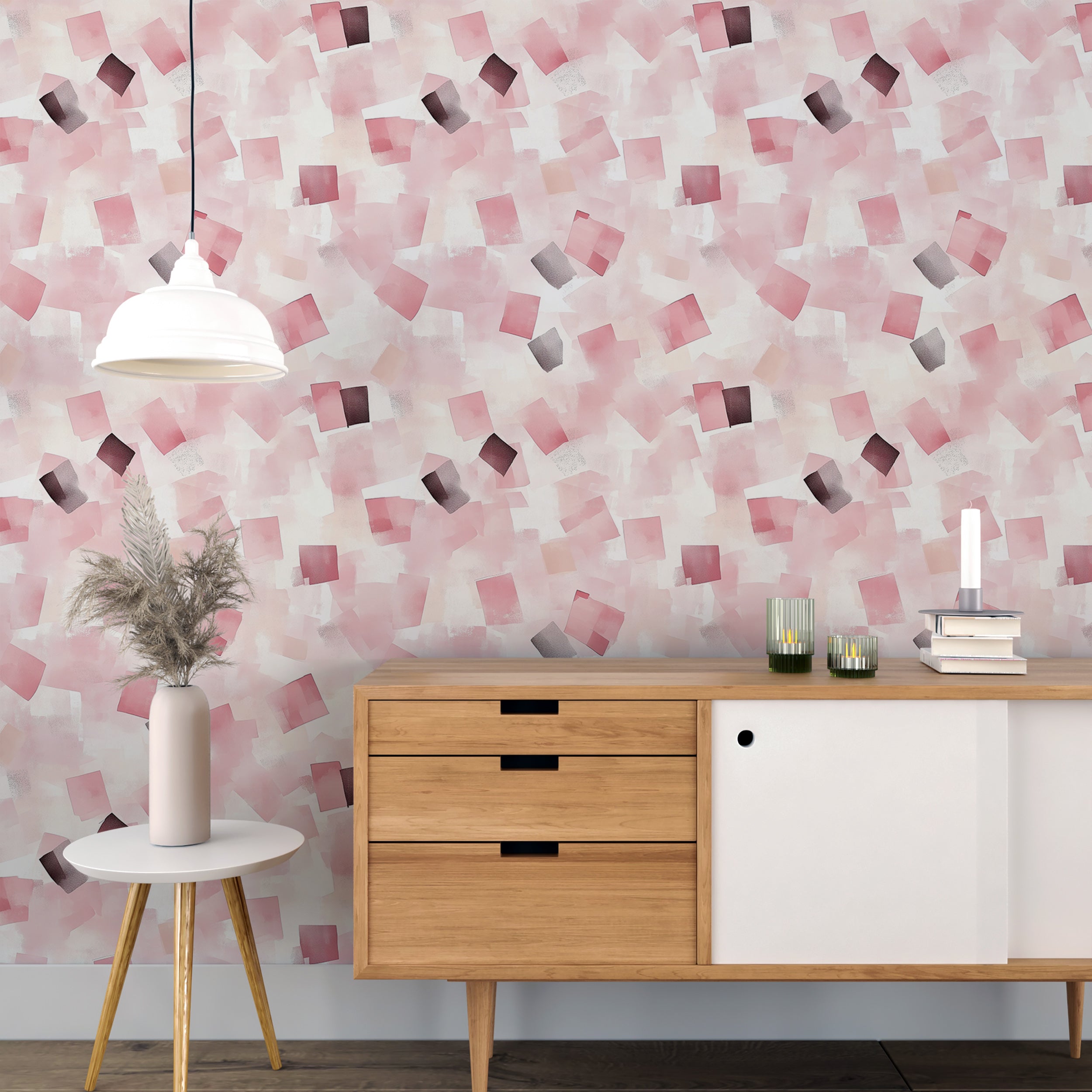 Removable blush pink square wallpaper.
Soft geometric wall art for modern spaces.