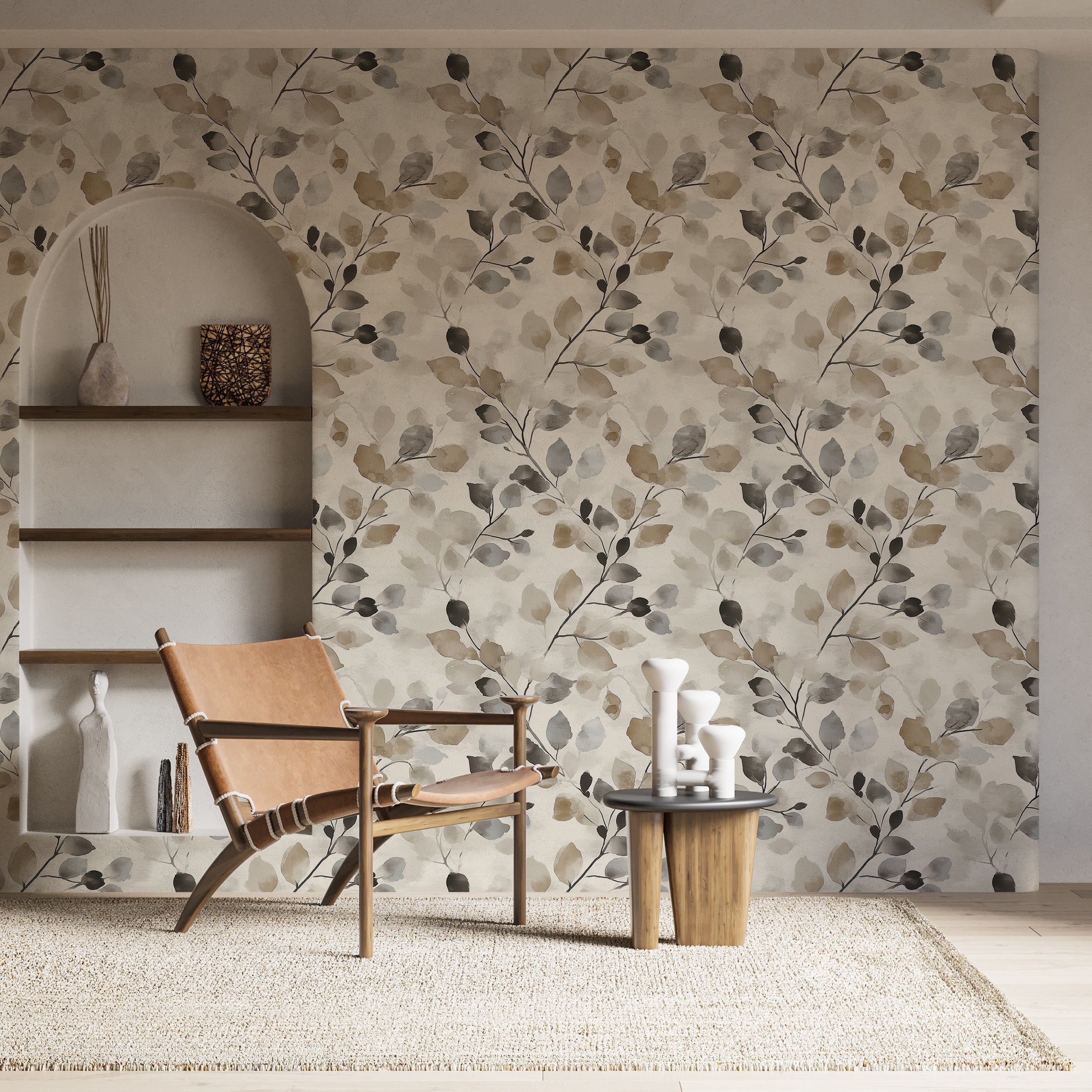 Watercolor muted beige and gray floral wallpaper.
Soft botanical watercolor design for walls.