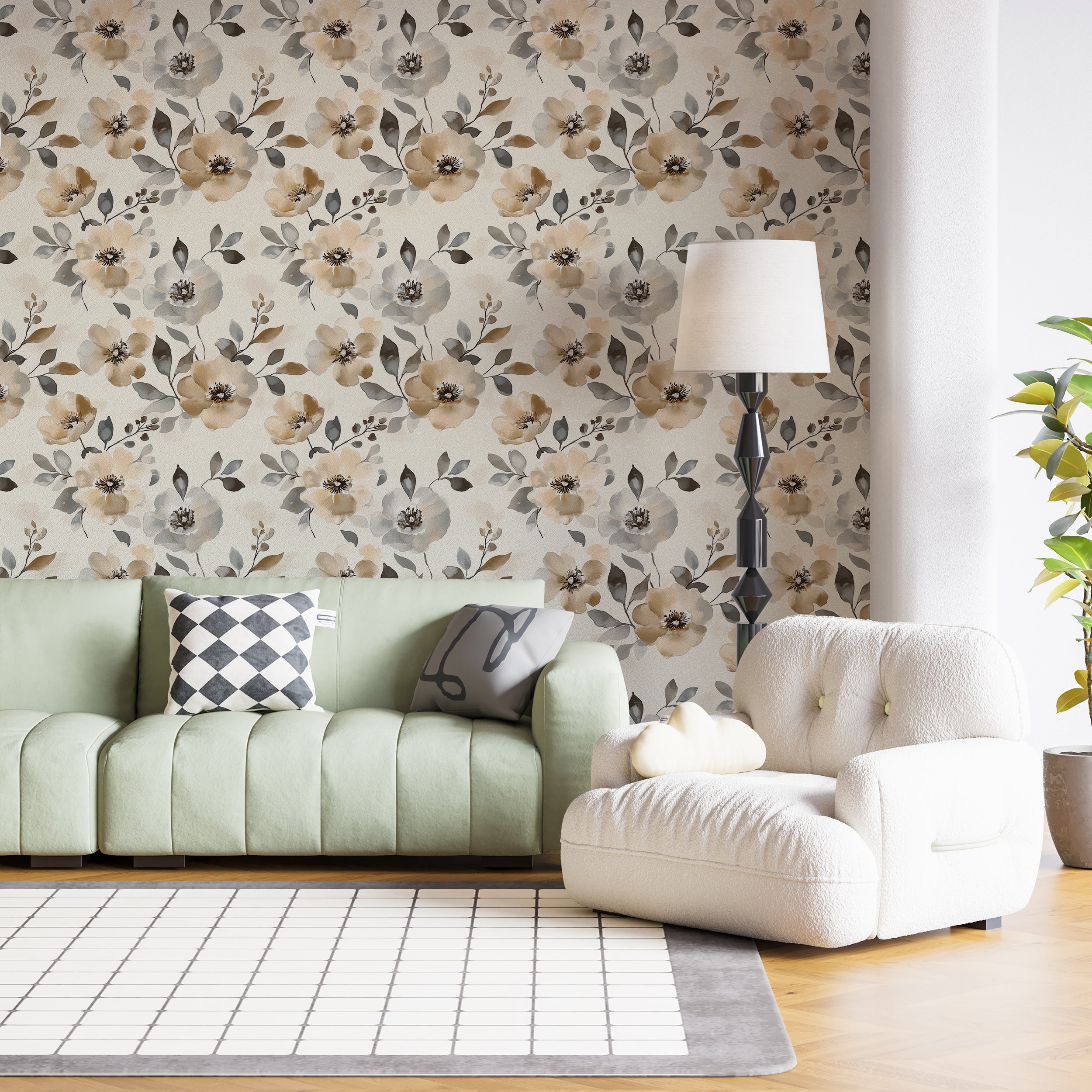Soft watercolor floral design for modern interiors.
Muted flower pattern for serene spaces.