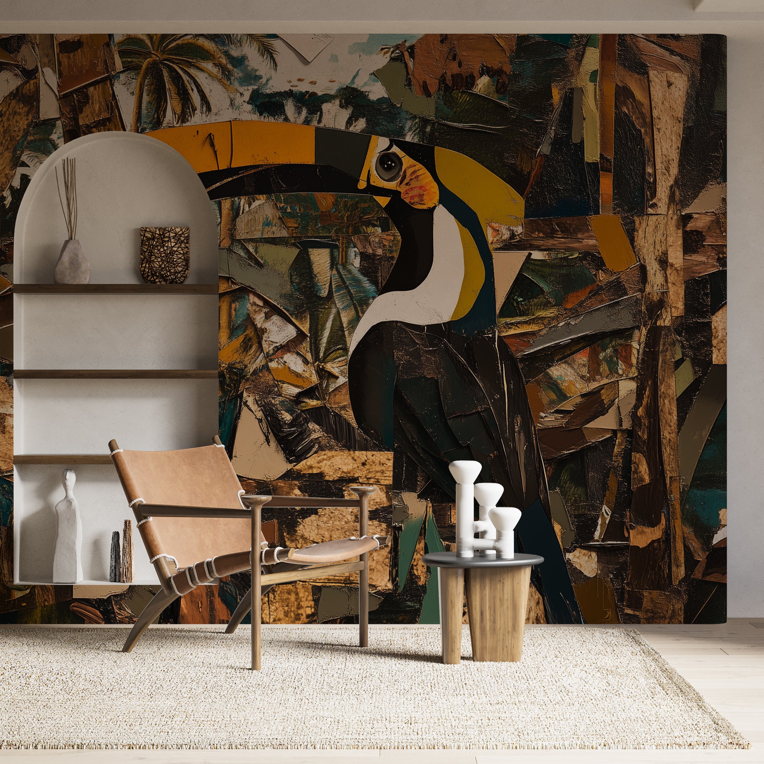 Abstract jungle-themed wall mural with birds.
Elegant artistic forest wallpaper with tropical toucan.