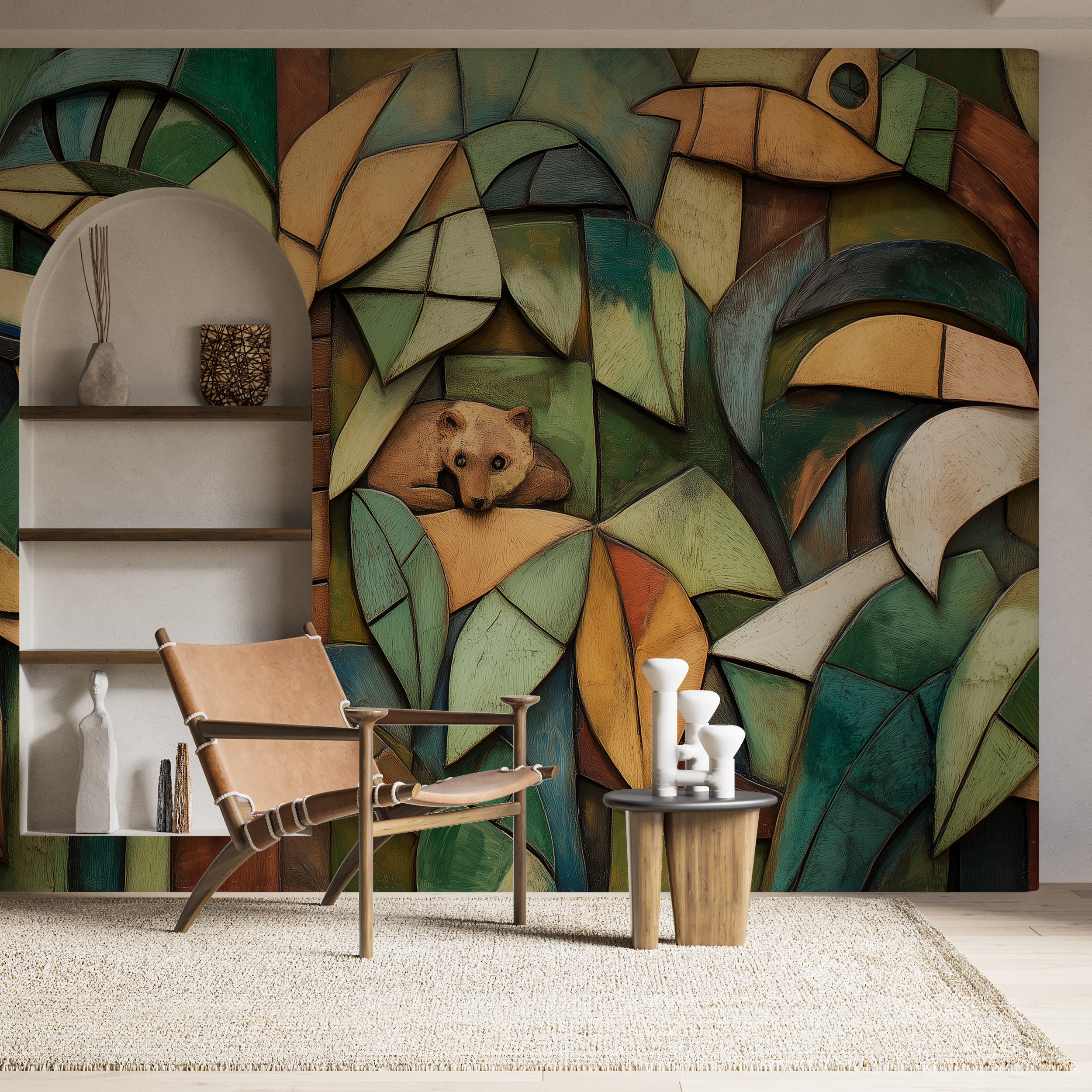 Removable geometric jungle mural with bold colors.
Tropical-themed accent wall in cubism painting style.
