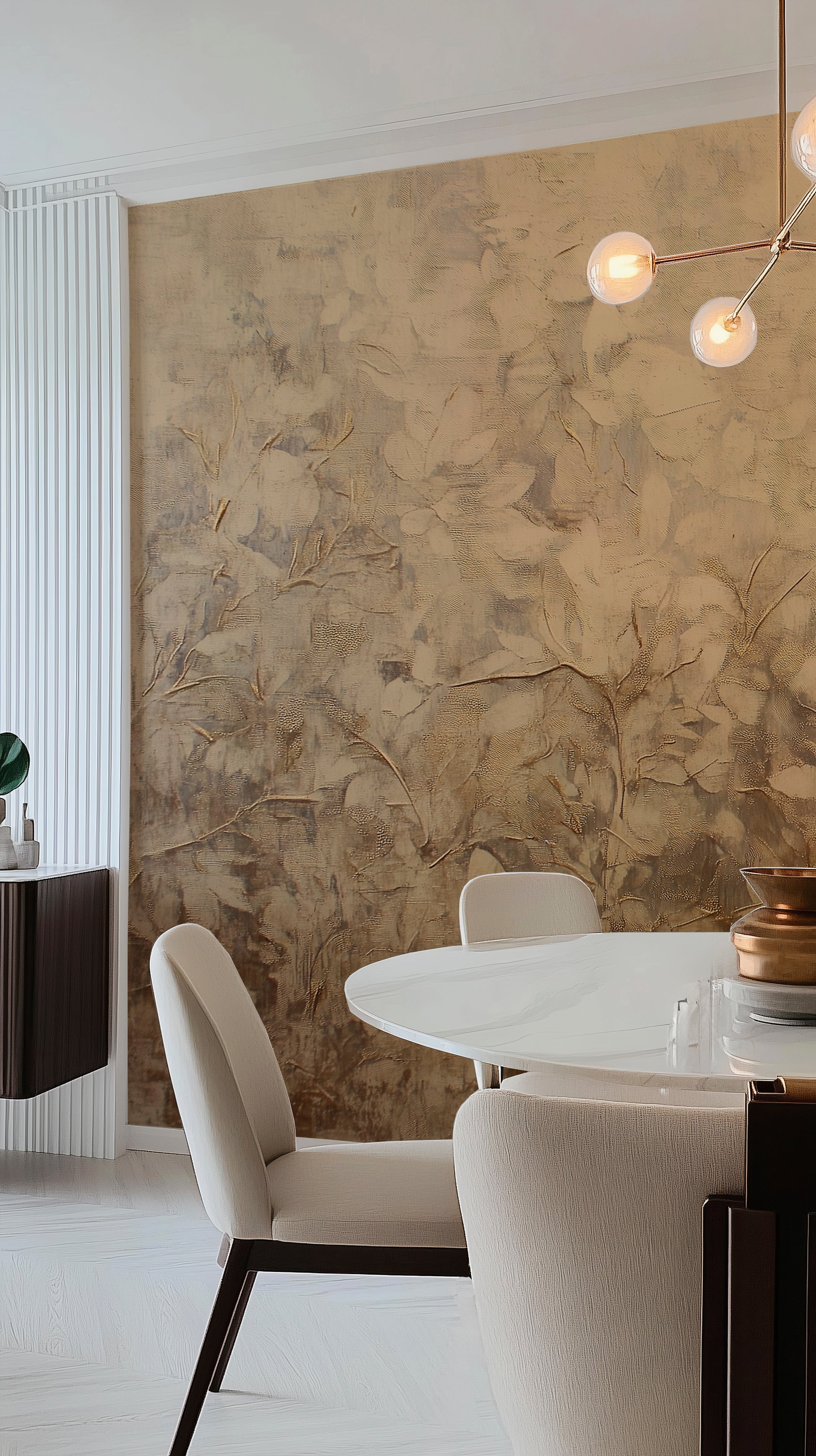 Vintage gold botanical wall mural.
Washed-out leaves and trees oil painting wallpaper.