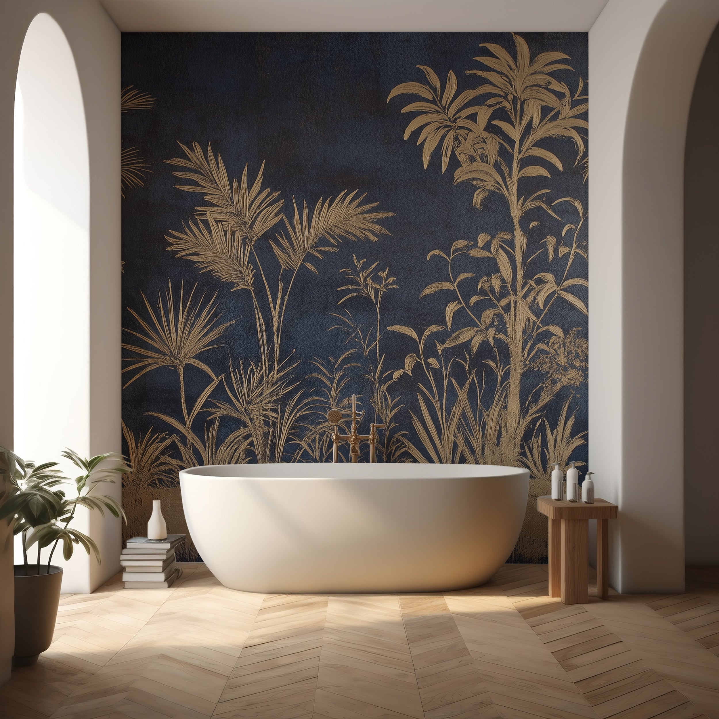 Classic nature-inspired peel-and-stick wallpaper.
Dark botanical wallpaper with tropical leaves.
