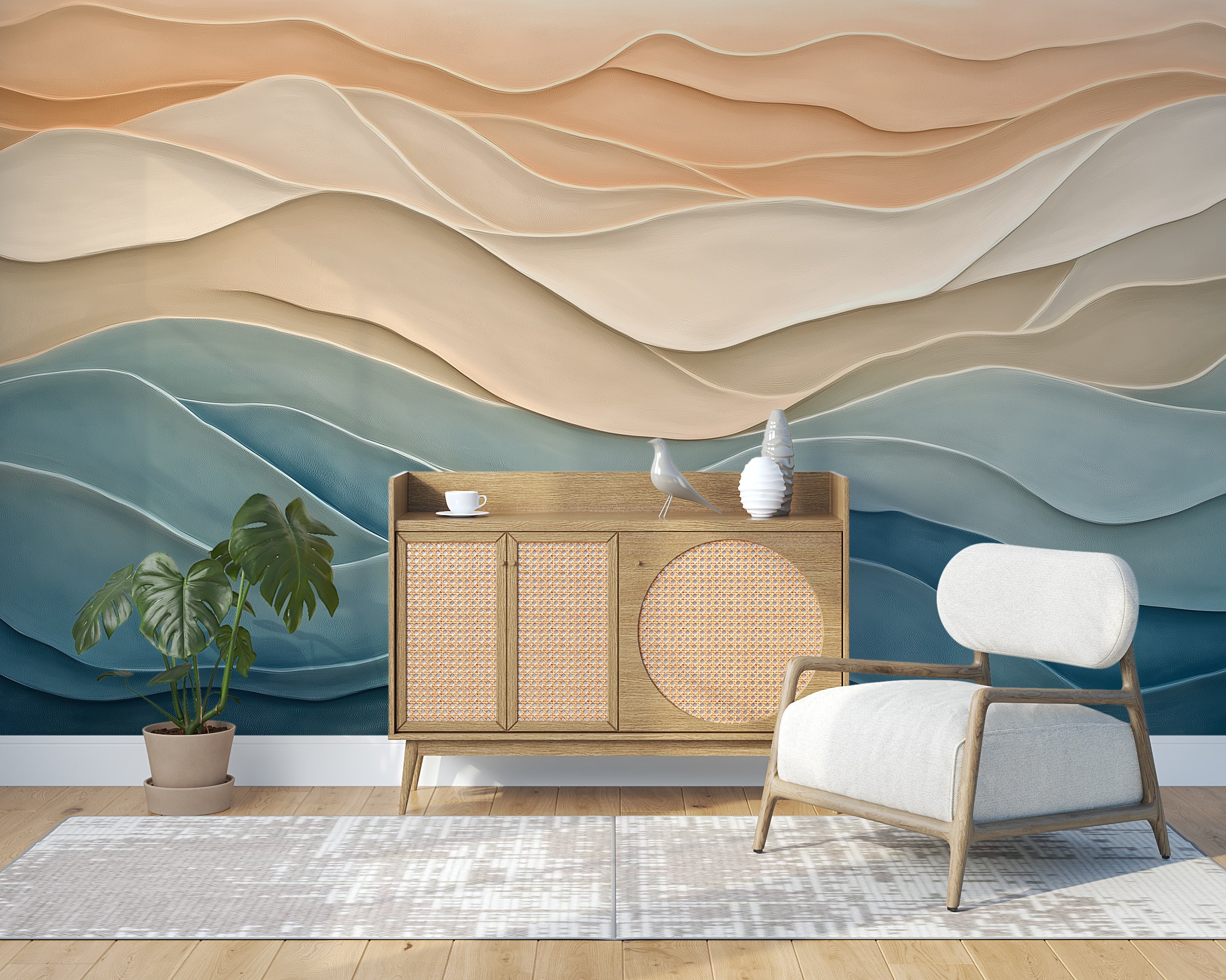 Blue and beige line art wall mural.
Abstract modern wave wallpaper.
