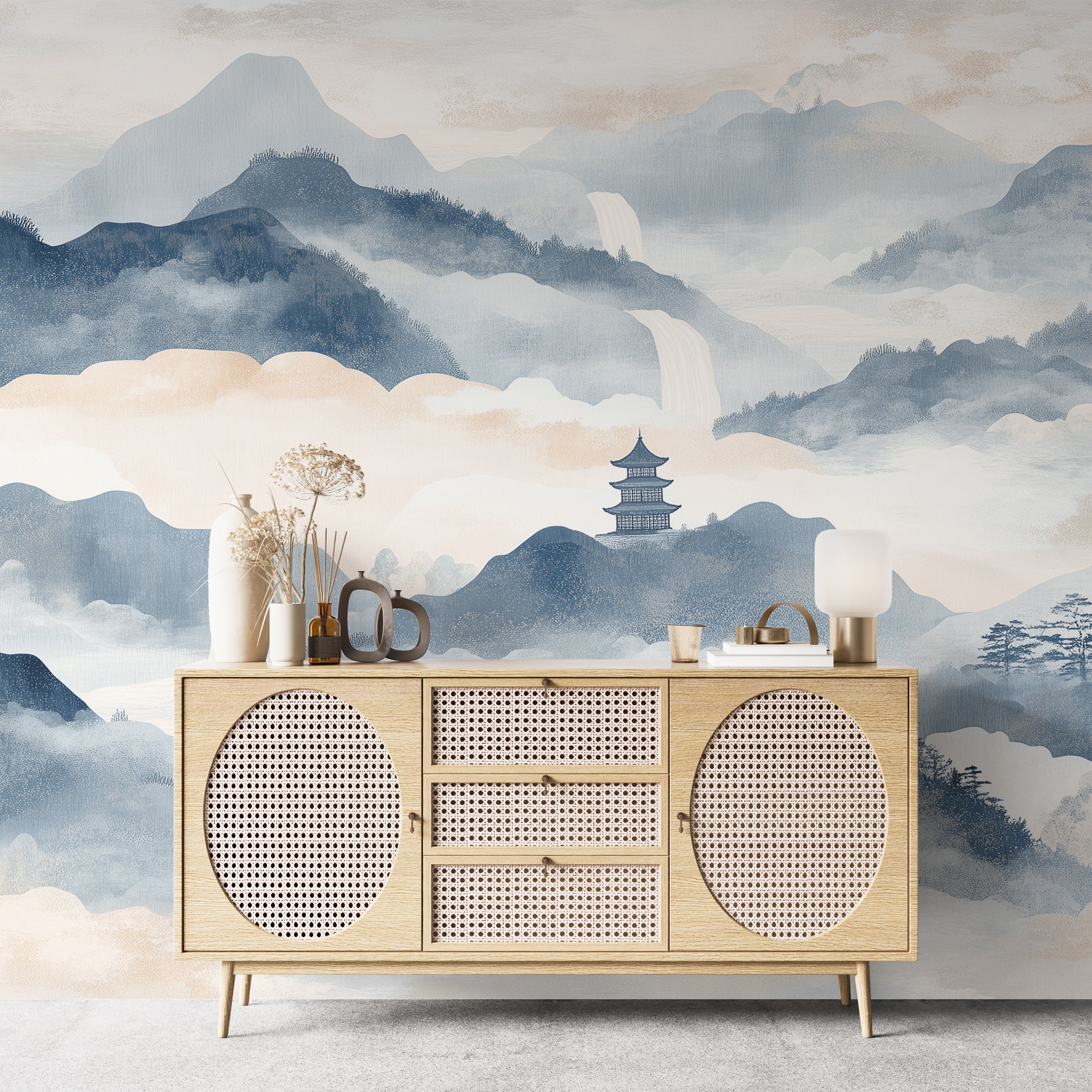 Soft-toned watercolor landscape decor.
Minimalist mountain view wallpaper.