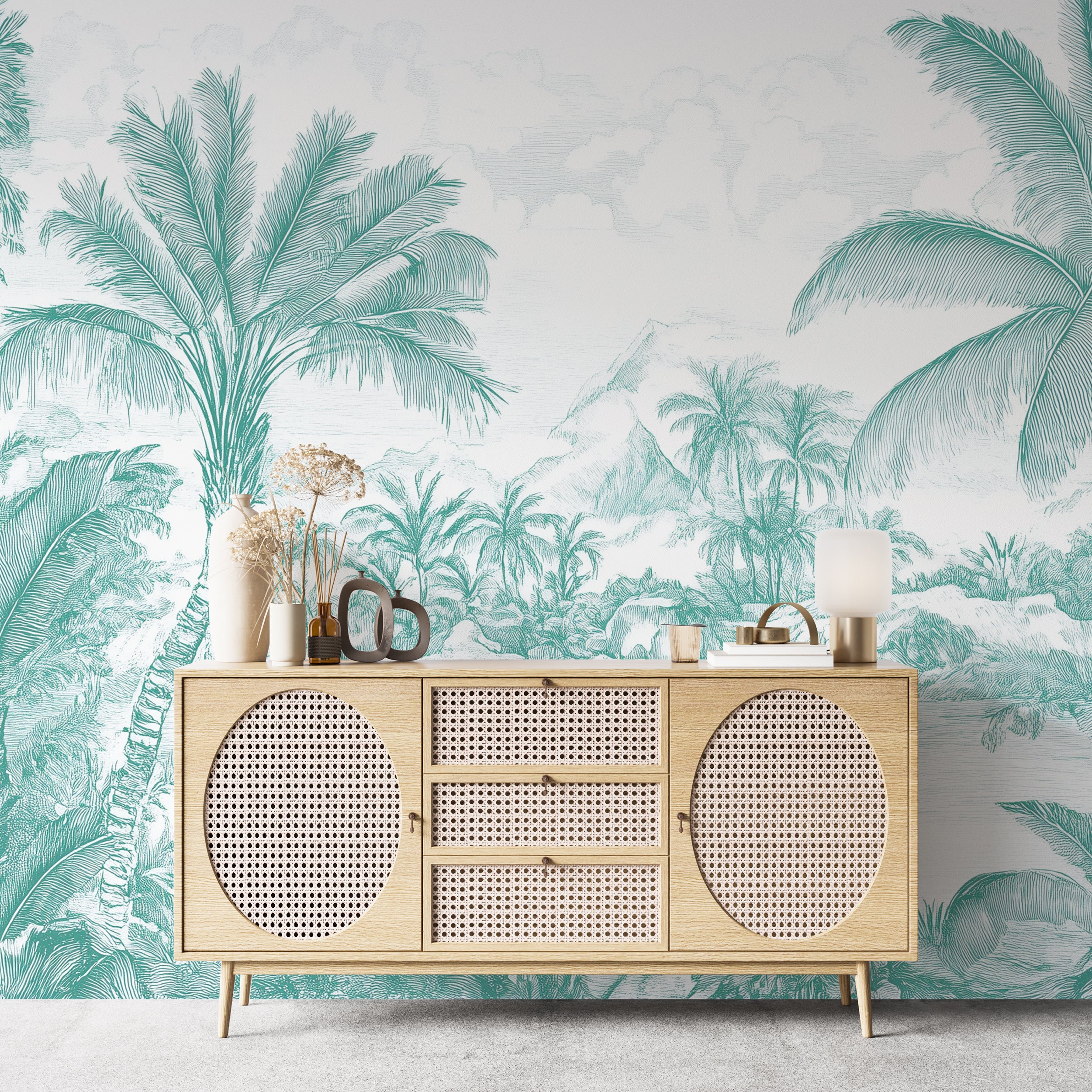 Green foliage and tree pattern mural.
Classic French scenic jungle wallpaper.