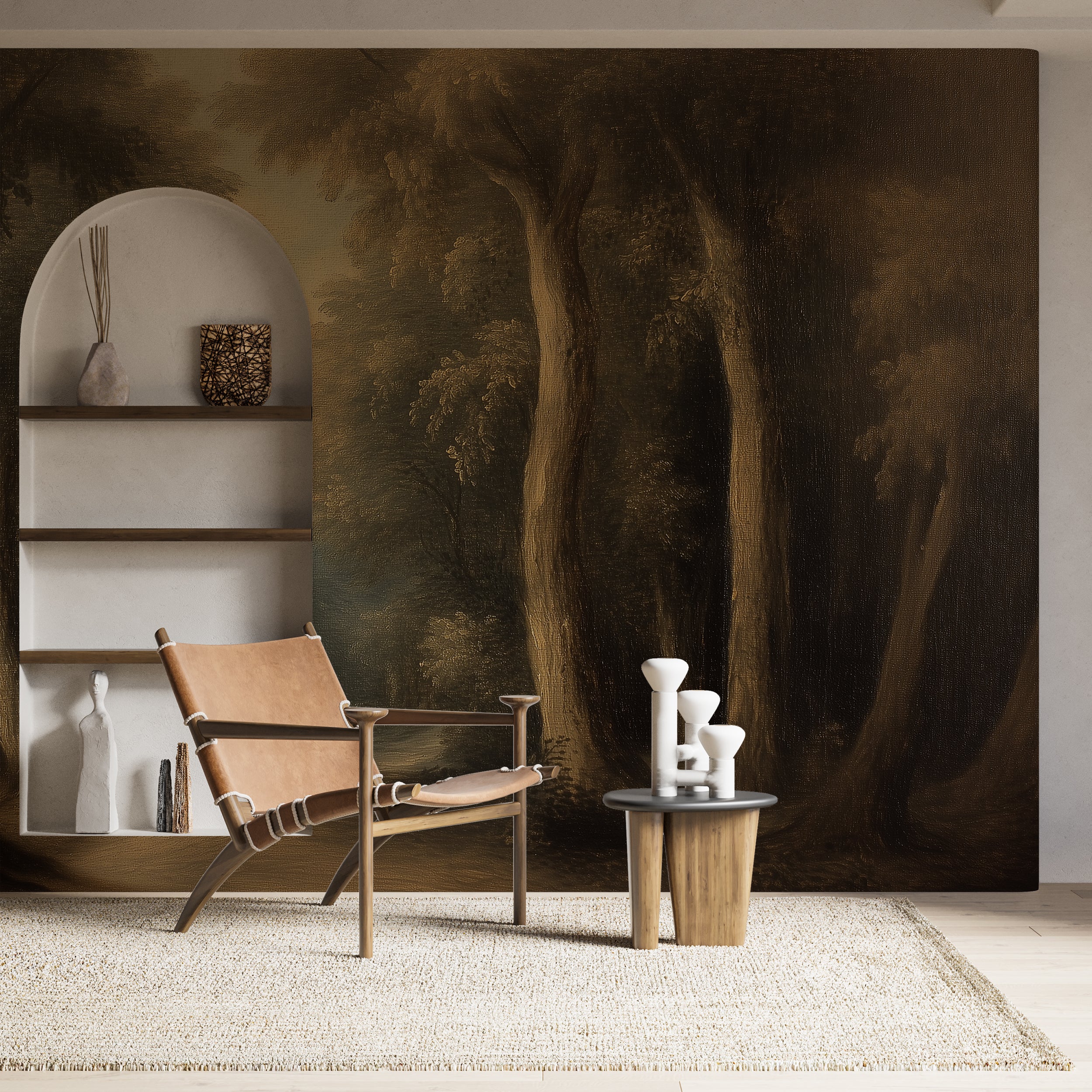 Dark moody forest mural.
Vintage rural trees wall decor.