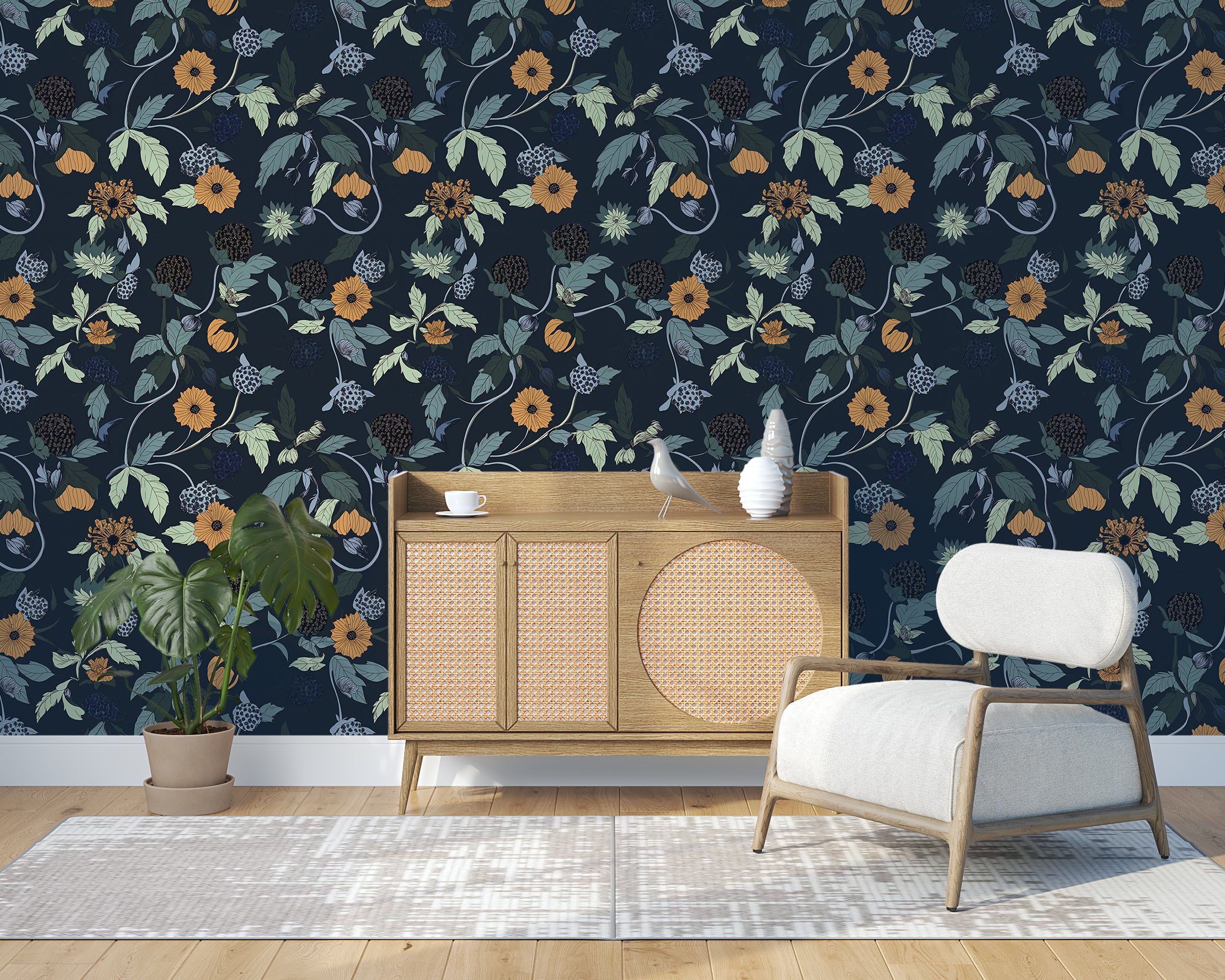 Blue berry botanical wallpaper design.
Elegant dark floral wallpaper for interiors.