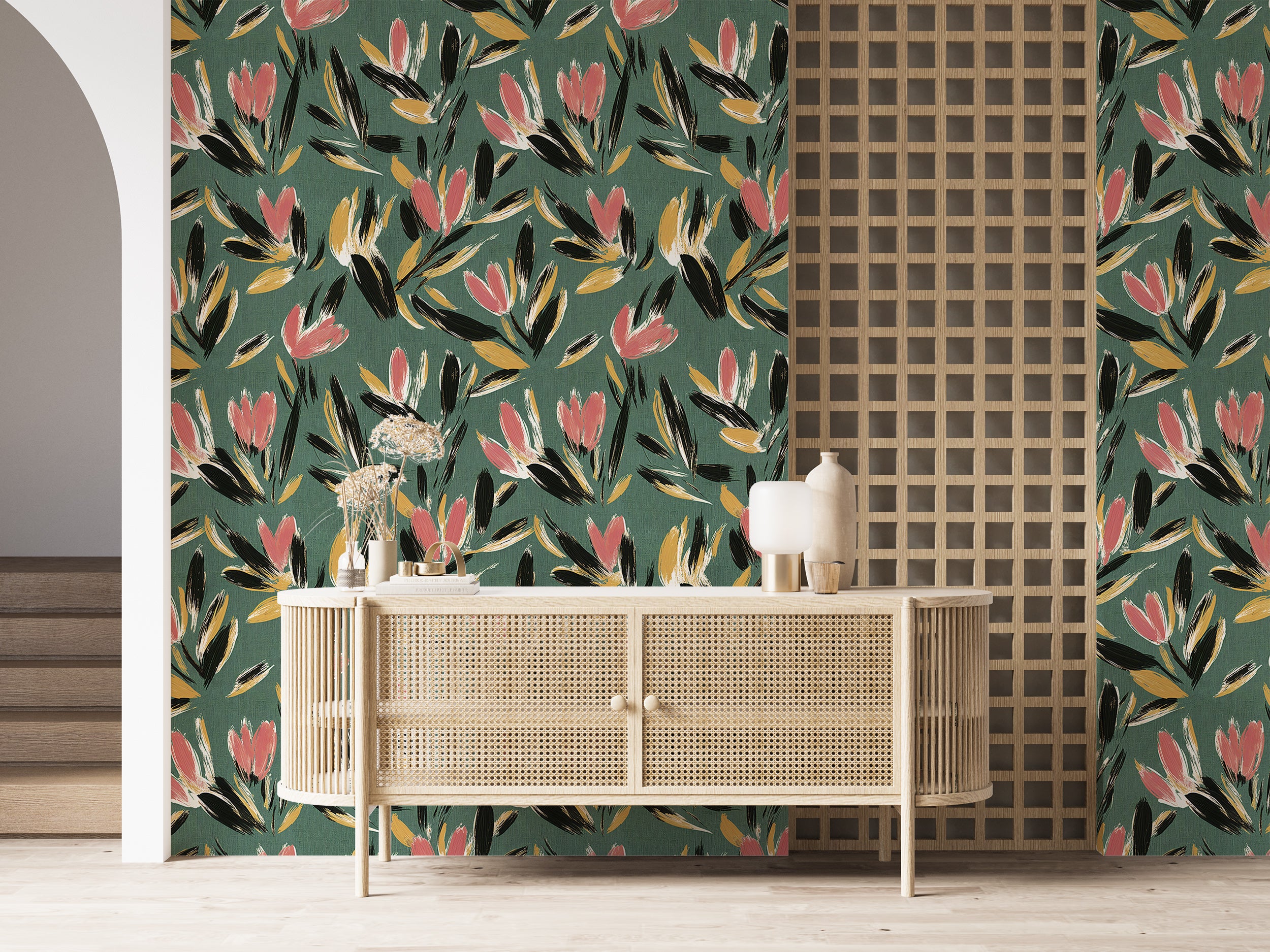 Soft green linen floral mural.
Brush-painted floral wall covering.