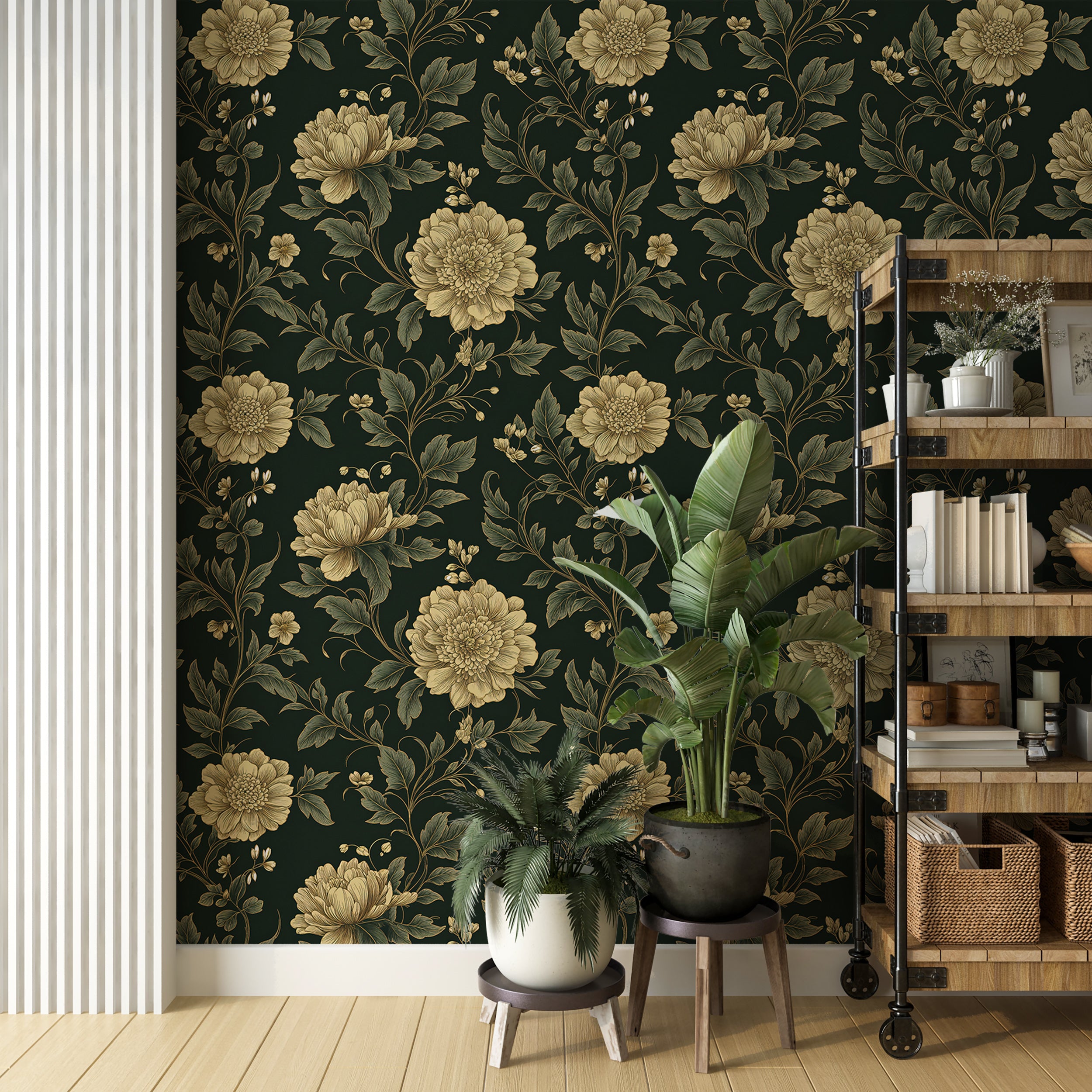 Botanical flower design wall mural.
Vintage-inspired floral peel-and-stick mural.