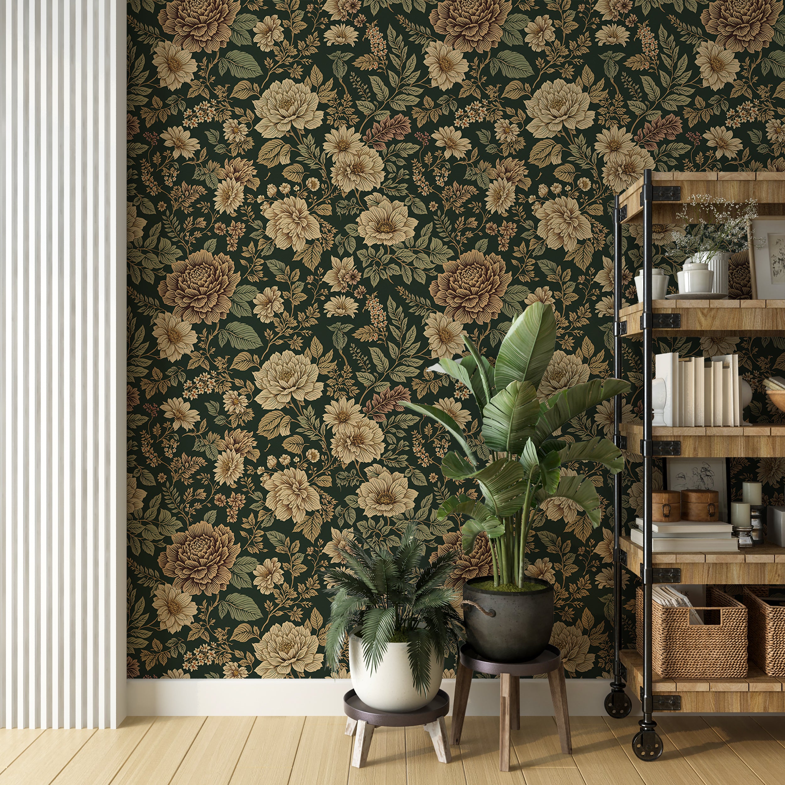 Botanical and floral design wallpaper.
Elegant peel-and-stick floral wallpaper.