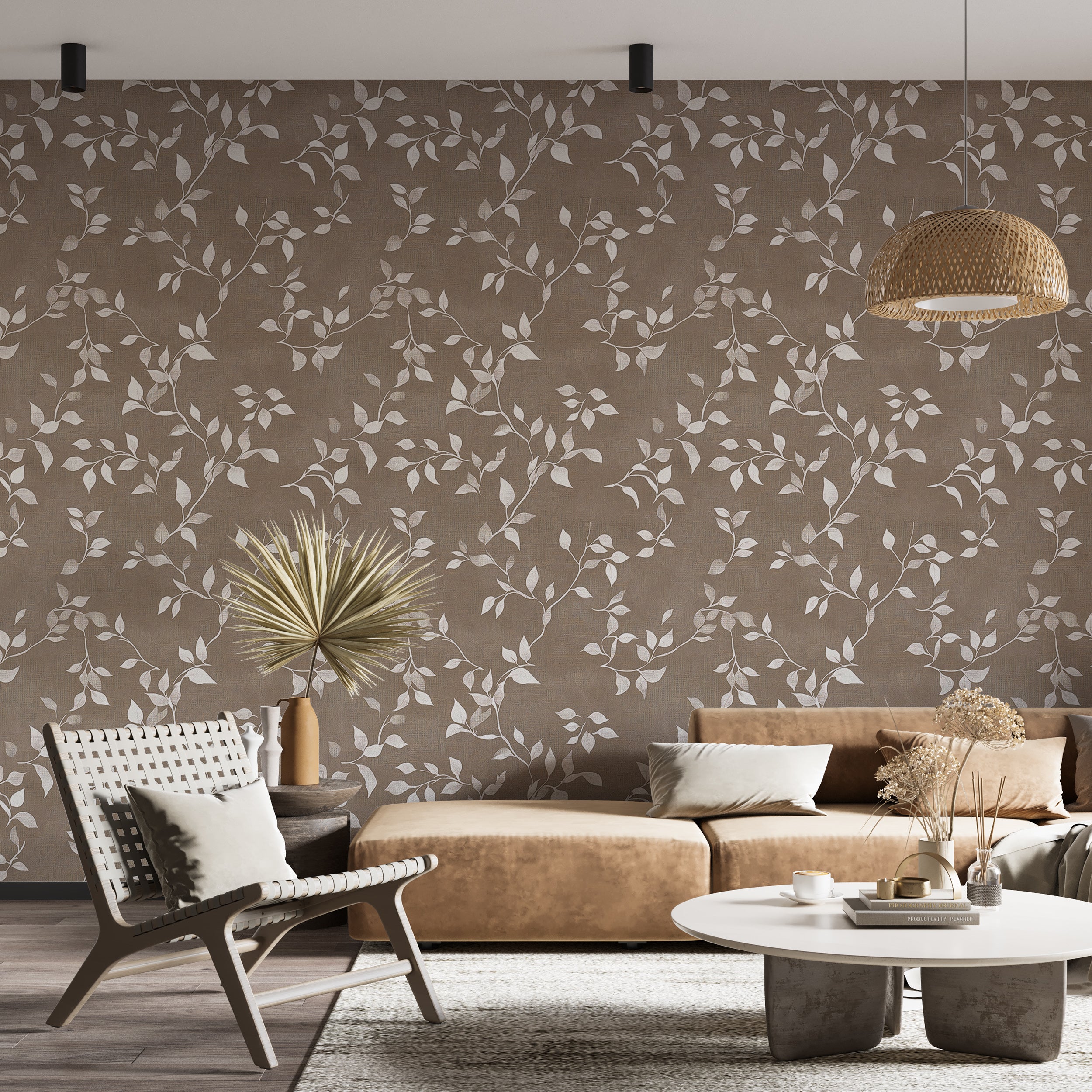 Light brown textured wallpaper with white leaves.
Minimalist botanical wallpaper with leaves.
