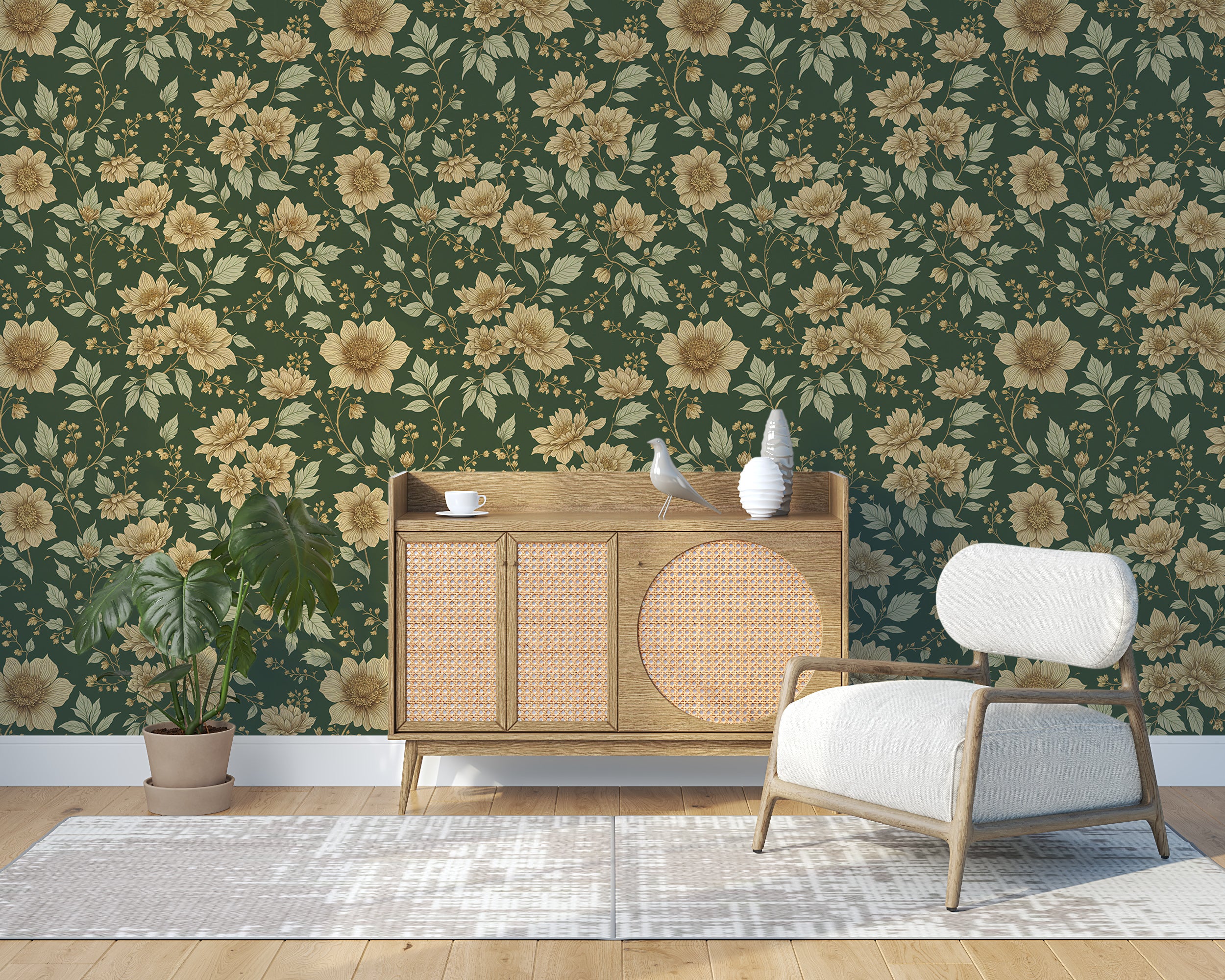 Removable beige and green floral wallpaper.
Elegant botanical wallpaper for refined spaces.